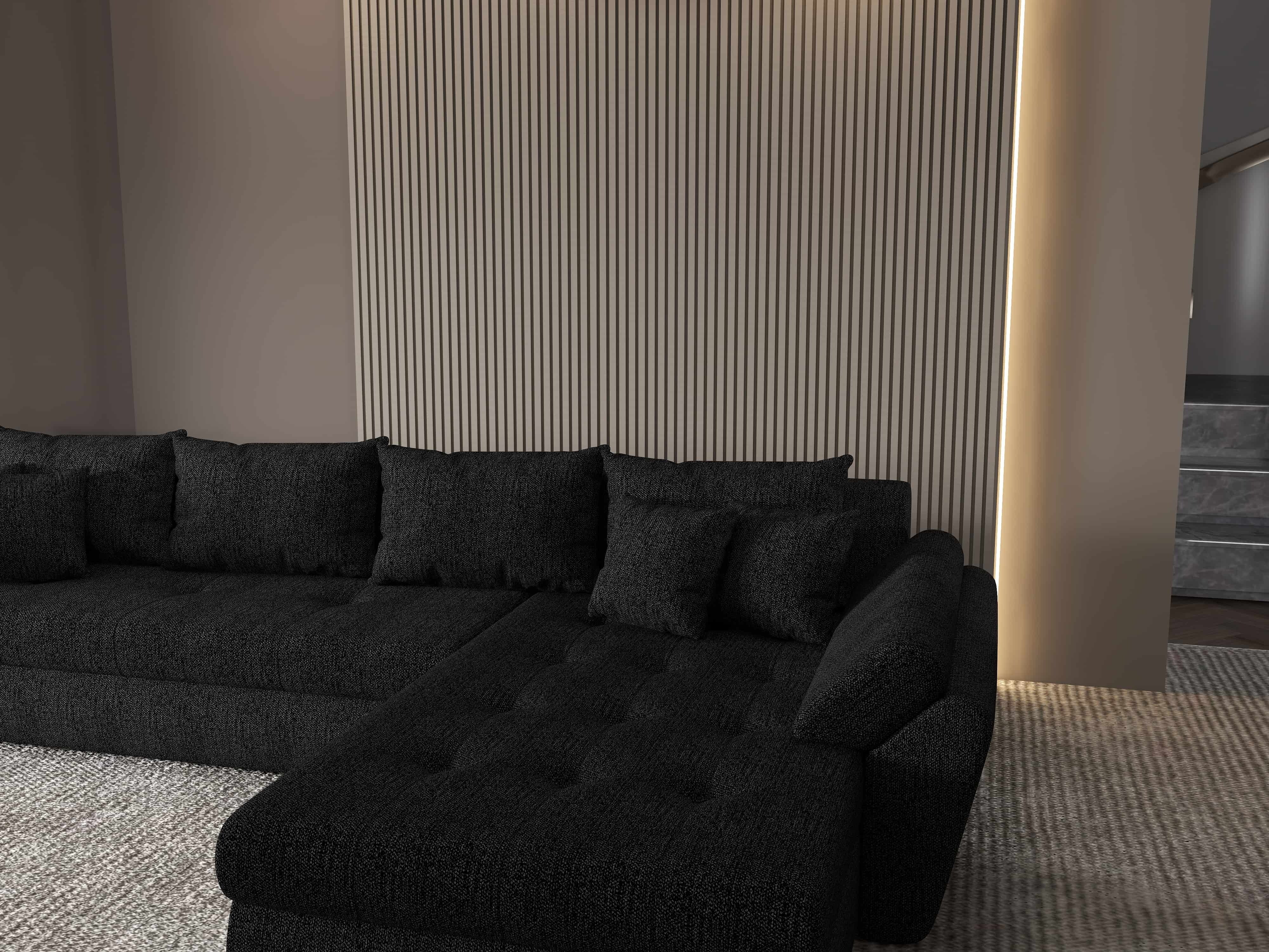 Colțar extensibil dumonde cu ladă de depozitare si sezut confortabil din spuma HR, Loana XL Enjoy Negru II 335x185 cm Fabrica