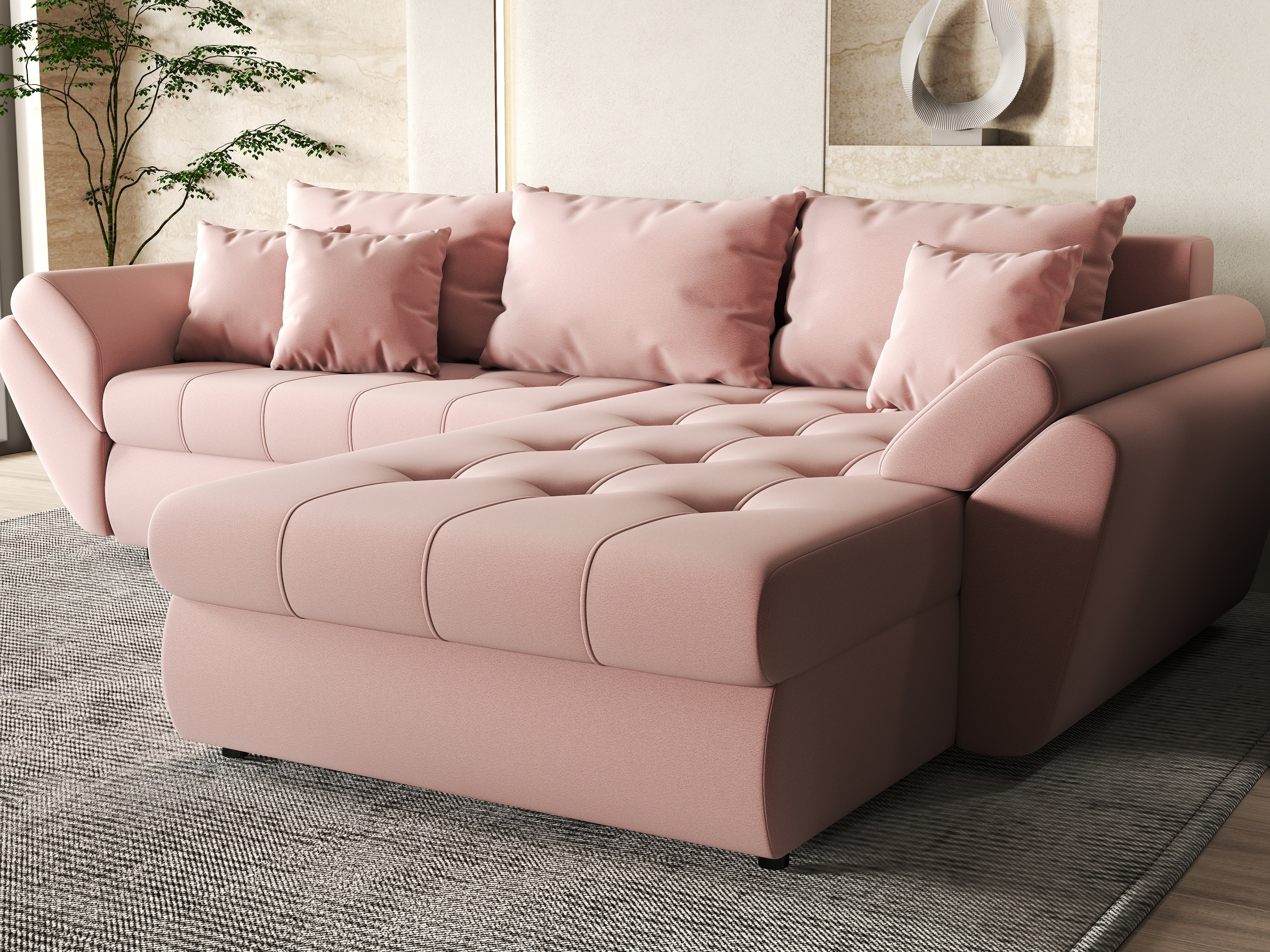 Colțar extensibil dumonde cu ladă de depozitare si sezut confortabil din spuma HR, Loana Royal Pink II 270x185 cm Fabrica