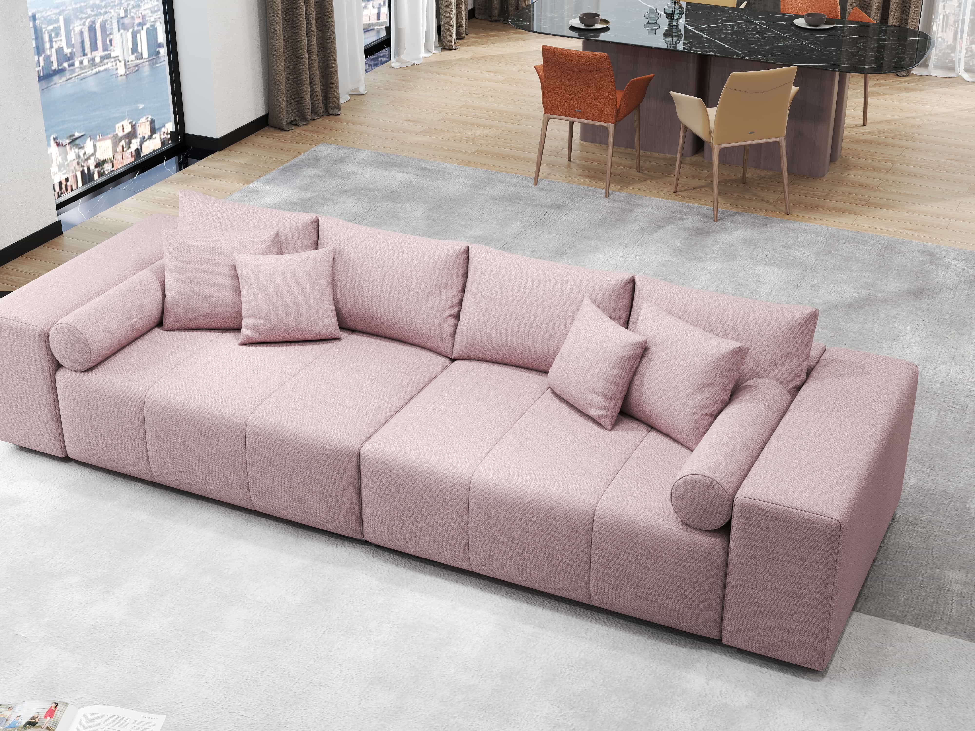 Canapea extensibilă dumonde cu ladă de depozitare si sezut confortabil din spuma HR, Marbela Pink XXL 295x100 cm Fabrica