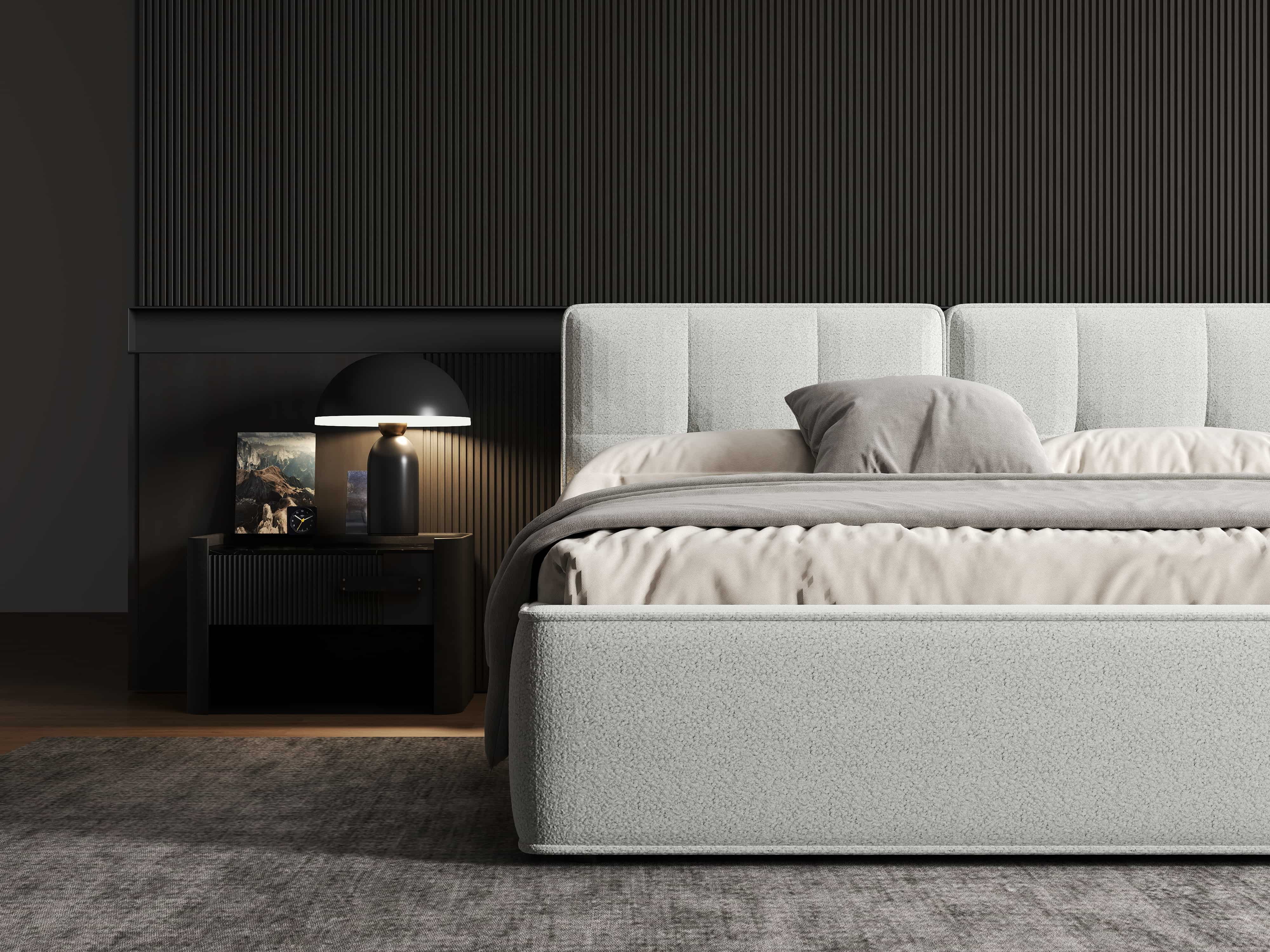 Pat dormitor dumonde, tapitat alb, Madrid 160x200 cm, somiera rabatabila inclusa, spatiu depozitare WLS