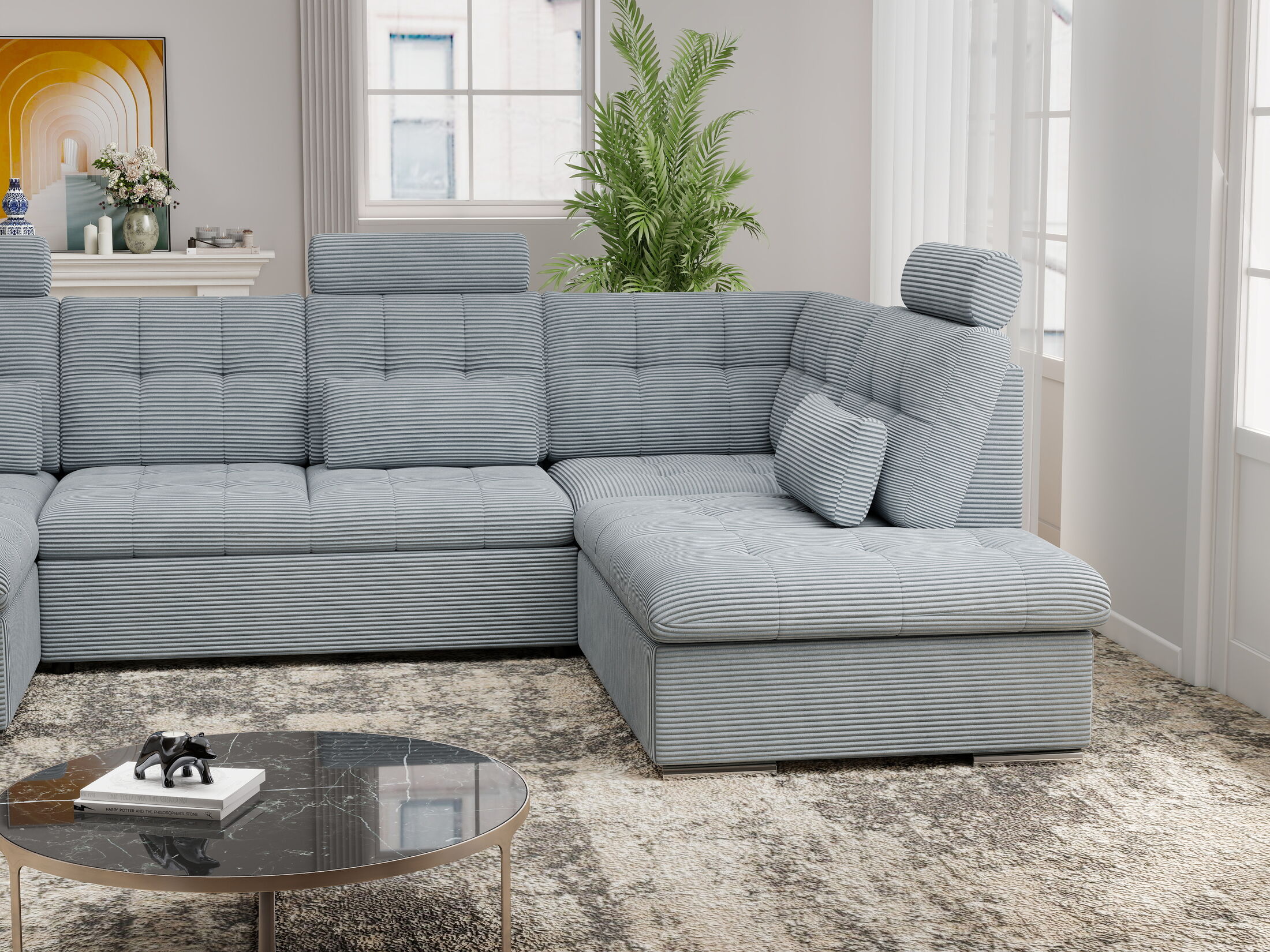 Colțar extensibil dumonde cu ladă de depozitare și șezut confortabil din spumă HR, Merkur U Zoom Gri Mint 324x218 cm