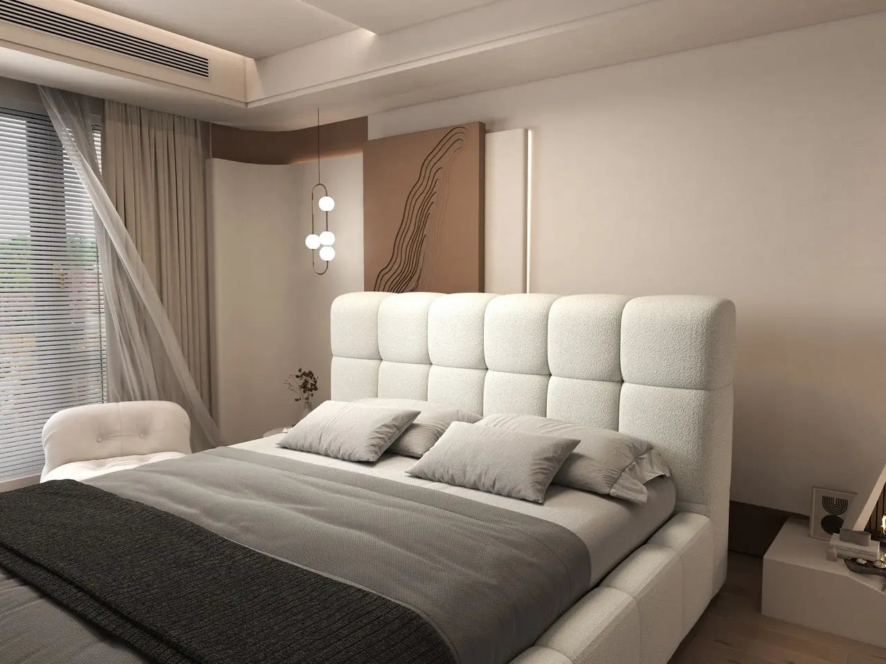 Pat dormitor dumonde, tapitat alb, Lorenzo 180x200 cm, somiera rabatabila inclusa, spatiu depozitare WLS