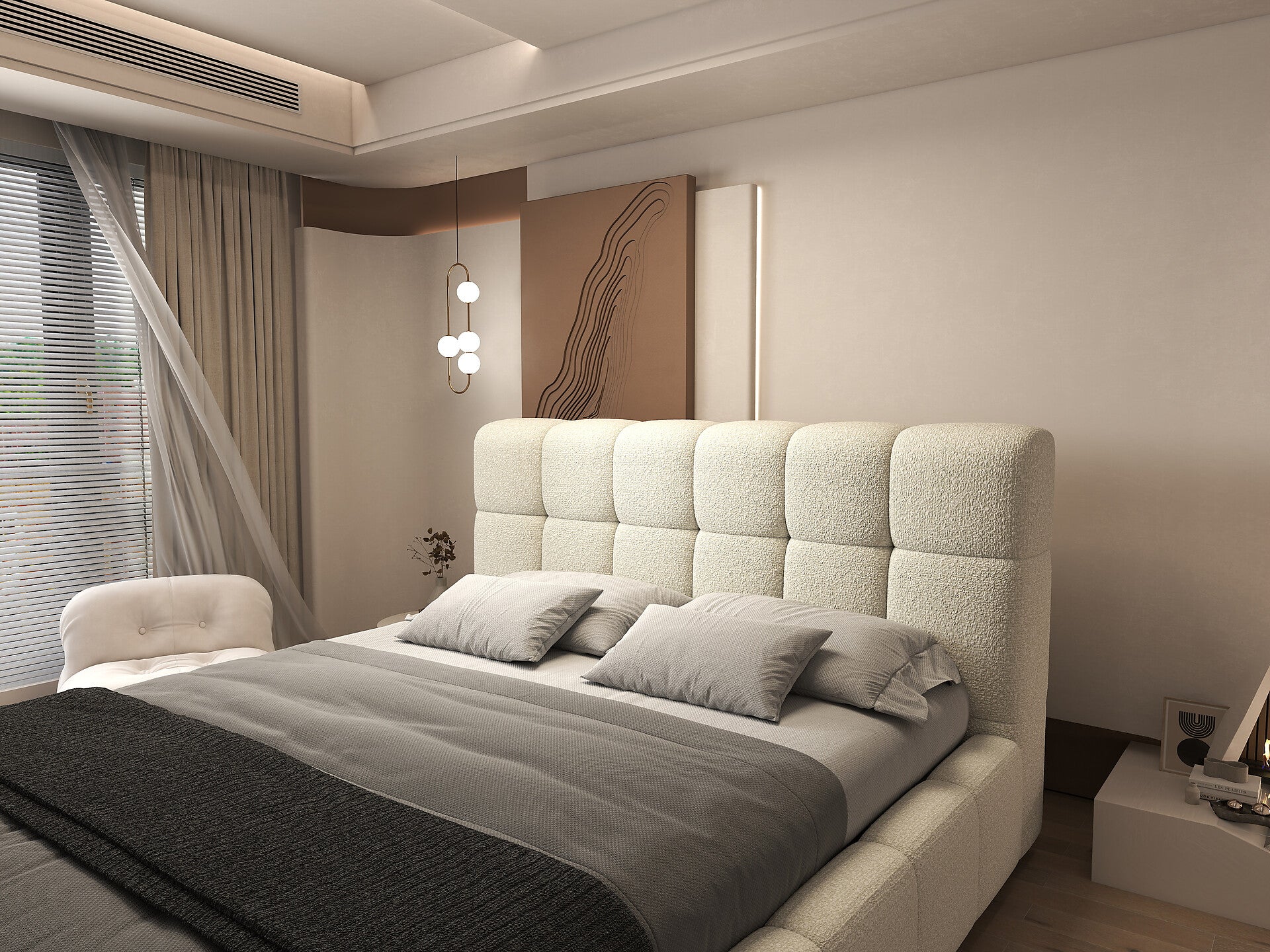 Pat dormitor dumonde, tapitat bej, Lorenzo 160x200 cm, somiera rabatabila inclusa, spatiu depozitare