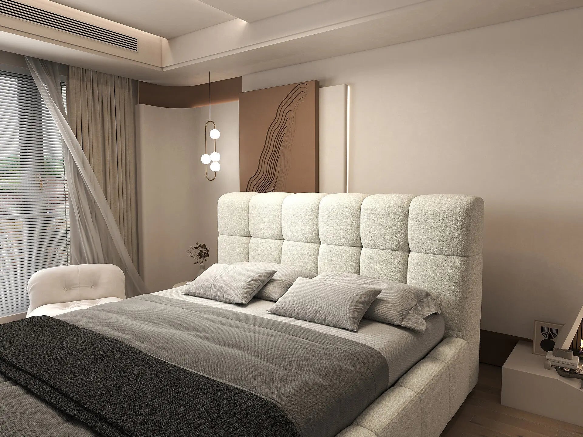 Pat dormitor dumonde, tapitat Alb, Lorenzo 160x200 cm, somiera rabatabila inclusa, spatiu depozitare WLS