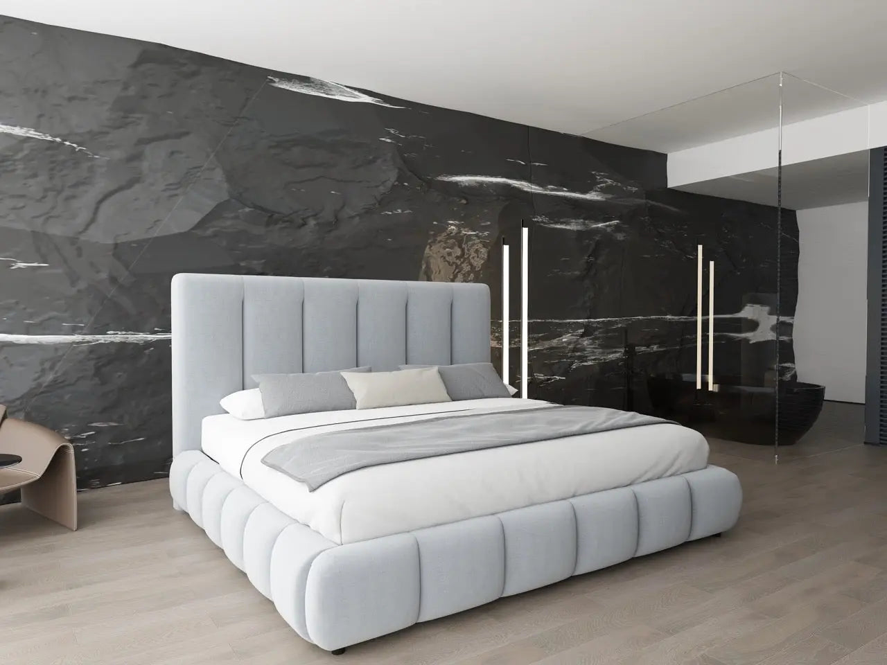 Pat dormitor dumonde, tapitat gri, Divaneo 180x200 cm, somiera rabatabila inclusa, spatiu depozitare WLS