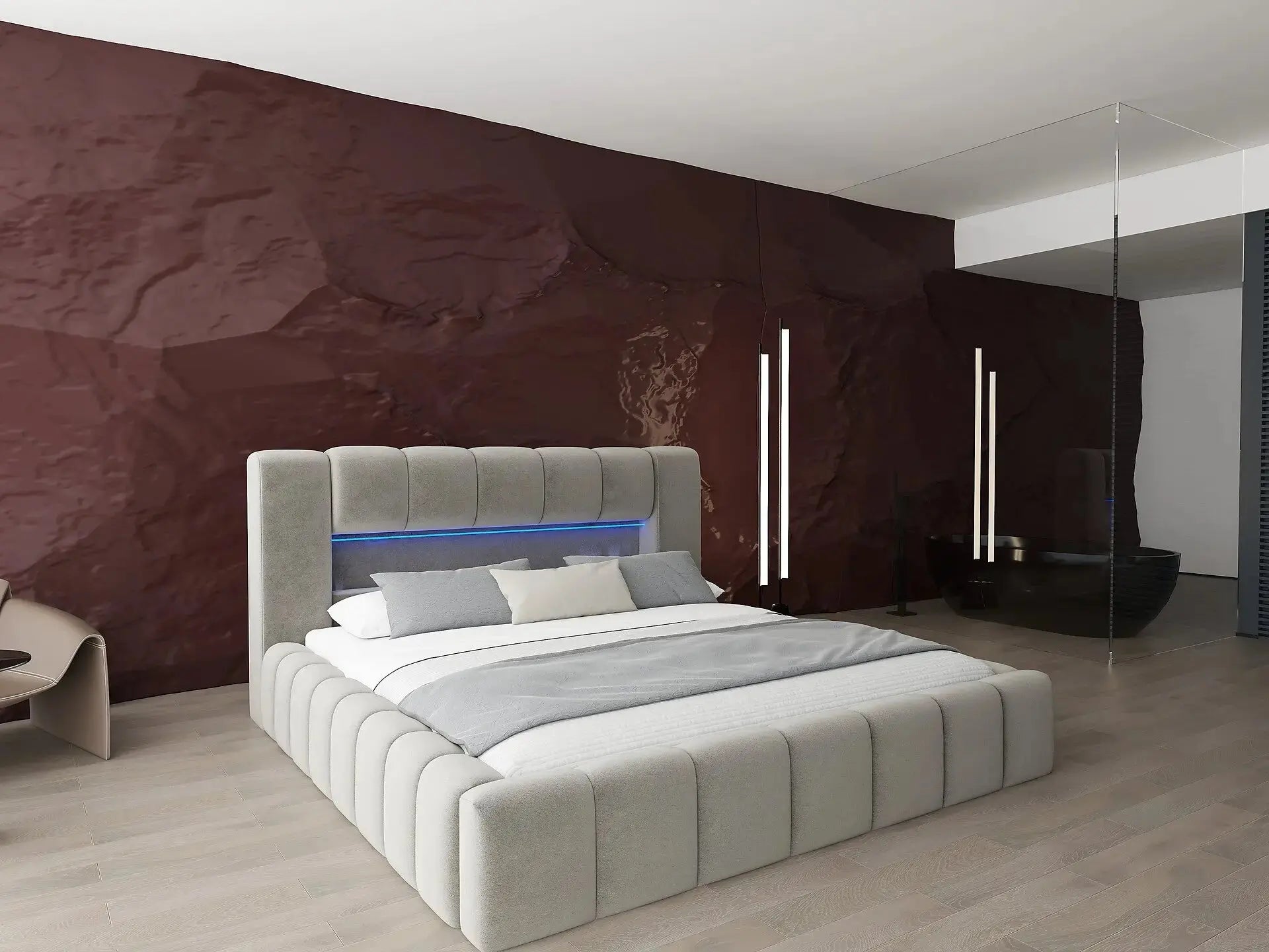 Pat dormitor dumonde, tapitat bej cu LED si USB, Palermo 160x200 cm, somiera rabatabila inclusa, spatiu depozitare WLS