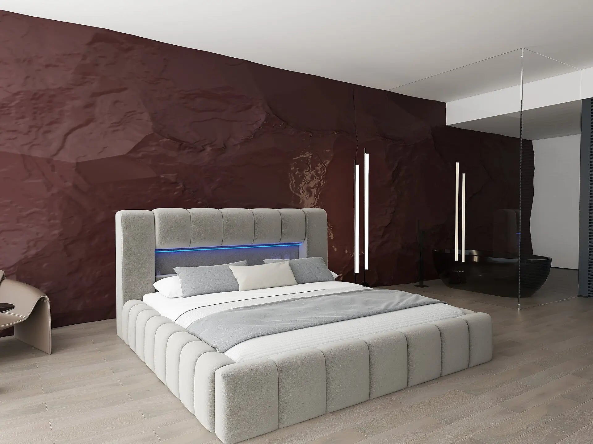 Pat dormitor dumonde, tapitat bej cu LED si USB, Palermo 180x200 cm, somiera rabatabila inclusa, spatiu depozitare WLS