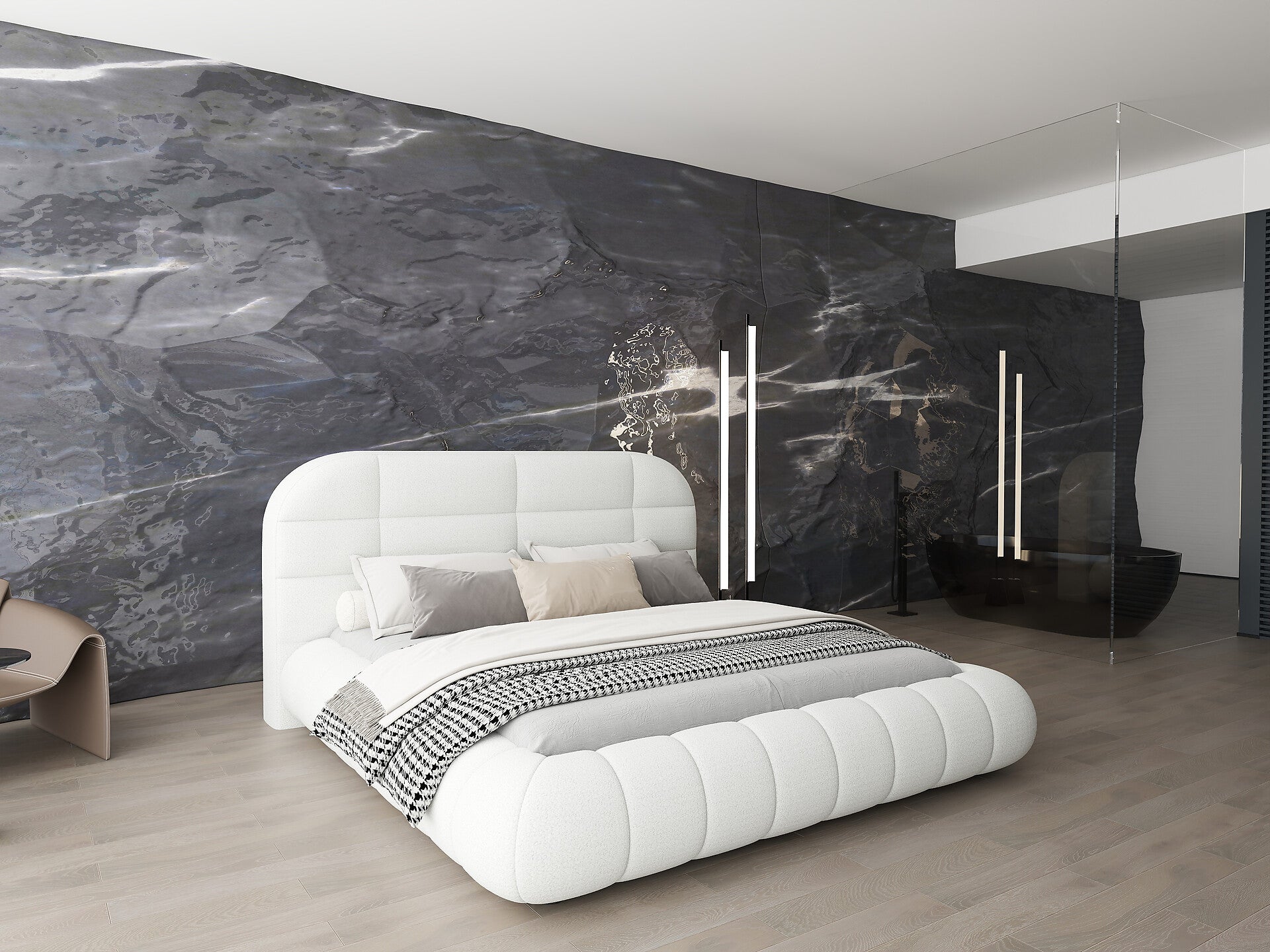 Pat dormitor dumonde, tapitat alb, Senso 160x200 cm, somiera rabatabila inclusa, spatiu depozitare