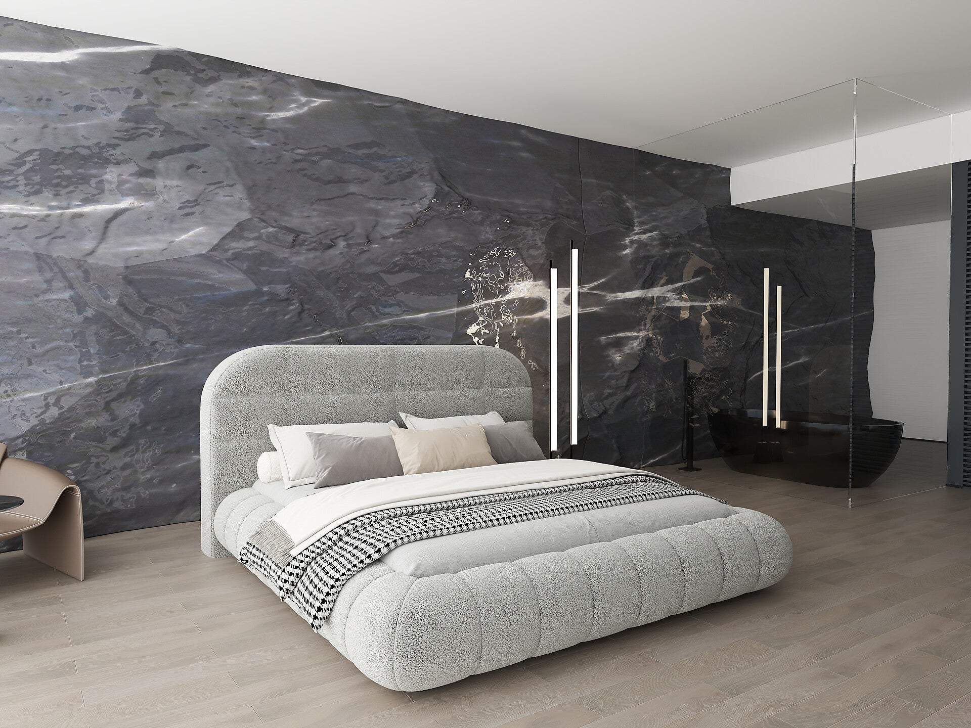 Pat dormitor dumonde, tapitat gri, Senso 160x200 cm, somiera rabatabila inclusa, spatiu depozitare