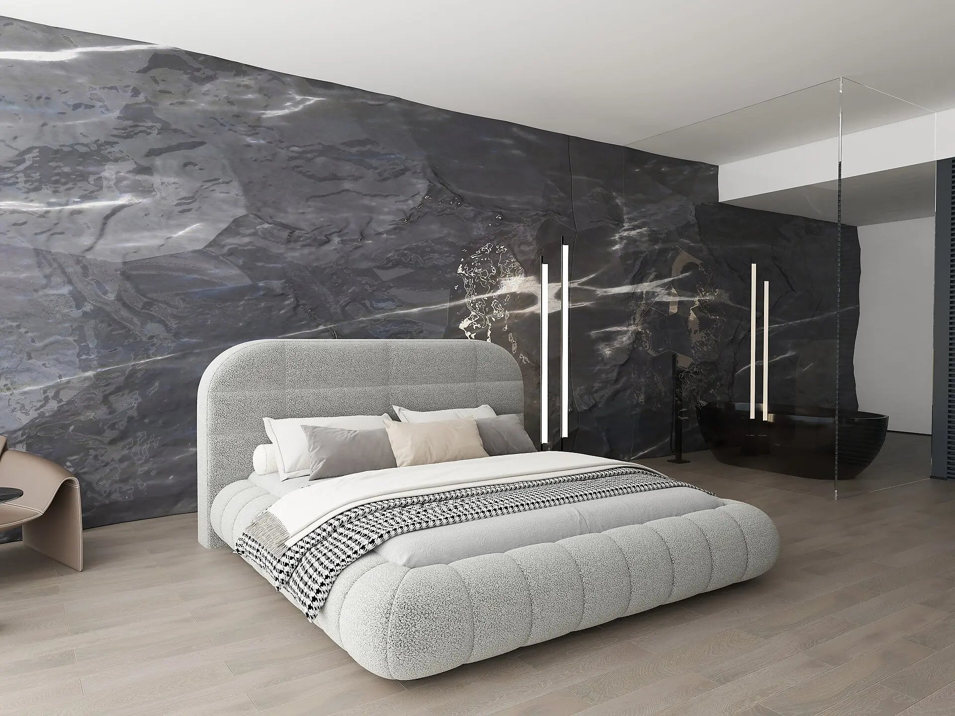 Pat dormitor dumonde, tapitat gri, Senso 160x200 cm, somiera rabatabila inclusa, spatiu depozitare WLS