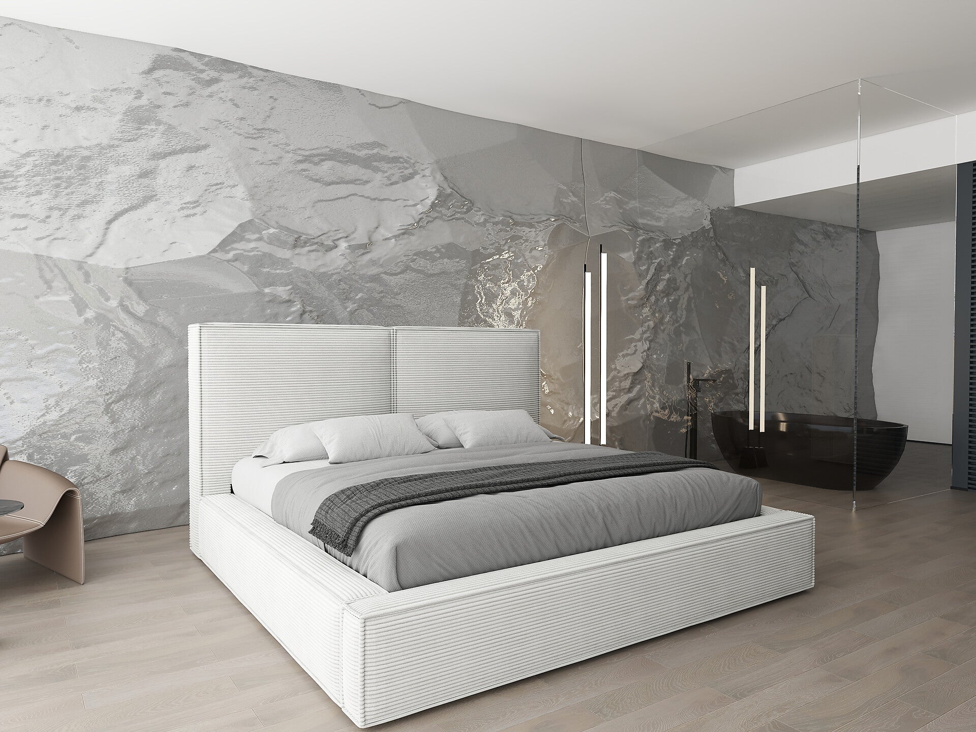 Pat dormitor dumonde, tapitat bej, Dreamer 160x200 cm, somiera rabatabila inclusa, spatiu depozitare