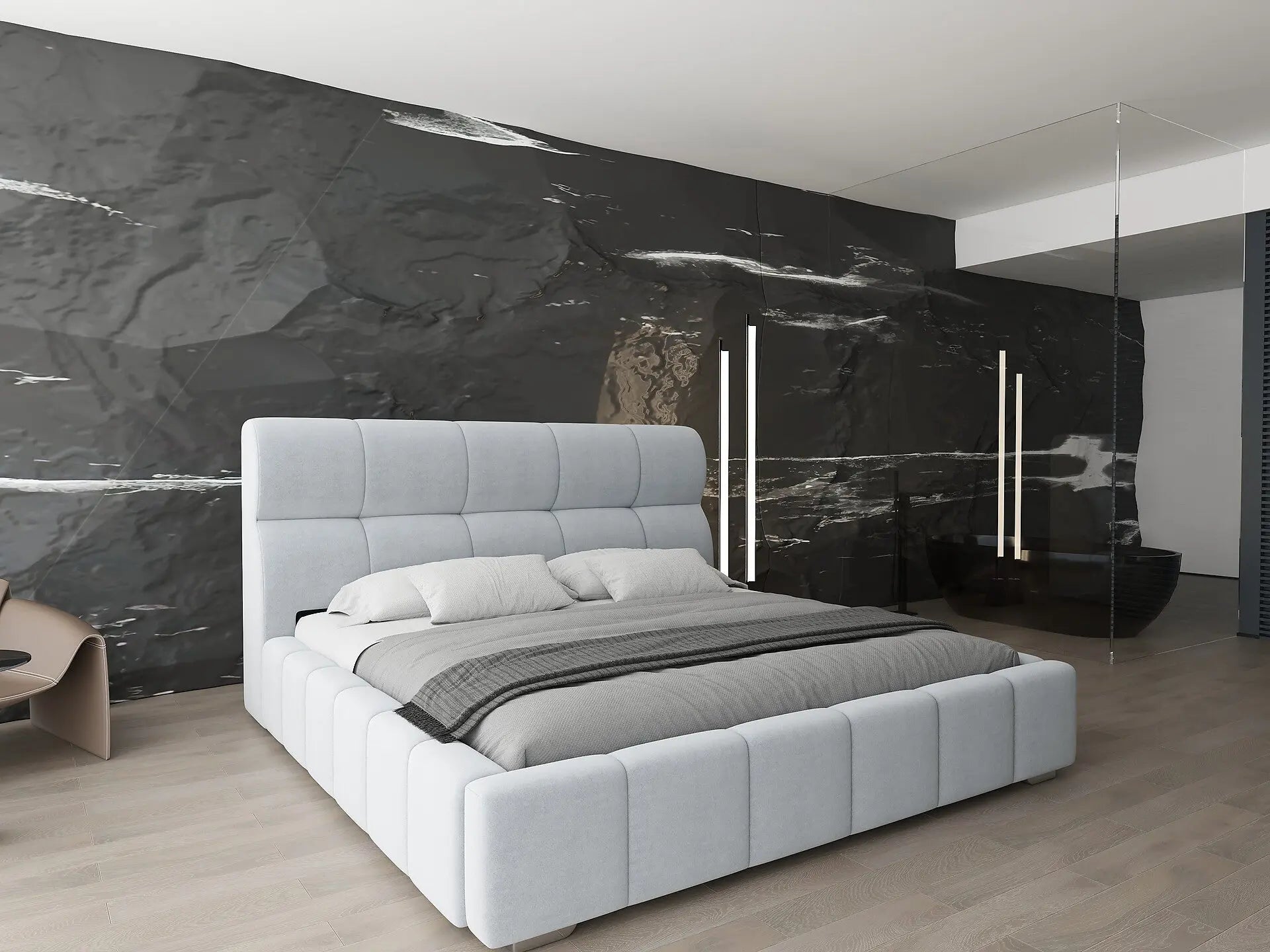 Pat dormitor dumonde, tapitat gri, Prestige 160x200 cm, somiera rabatabila inclusa, spatiu depozitare WLS