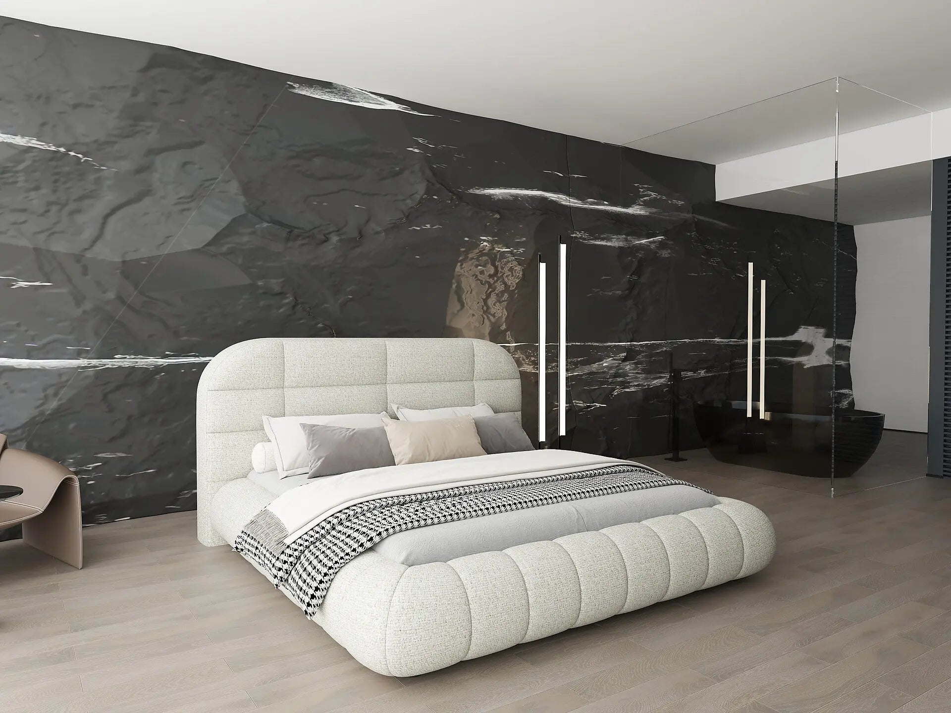 Pat dormitor dumonde, tapitat bej, Senso 180x200 cm, somiera rabatabila inclusa, spatiu depozitare WLS