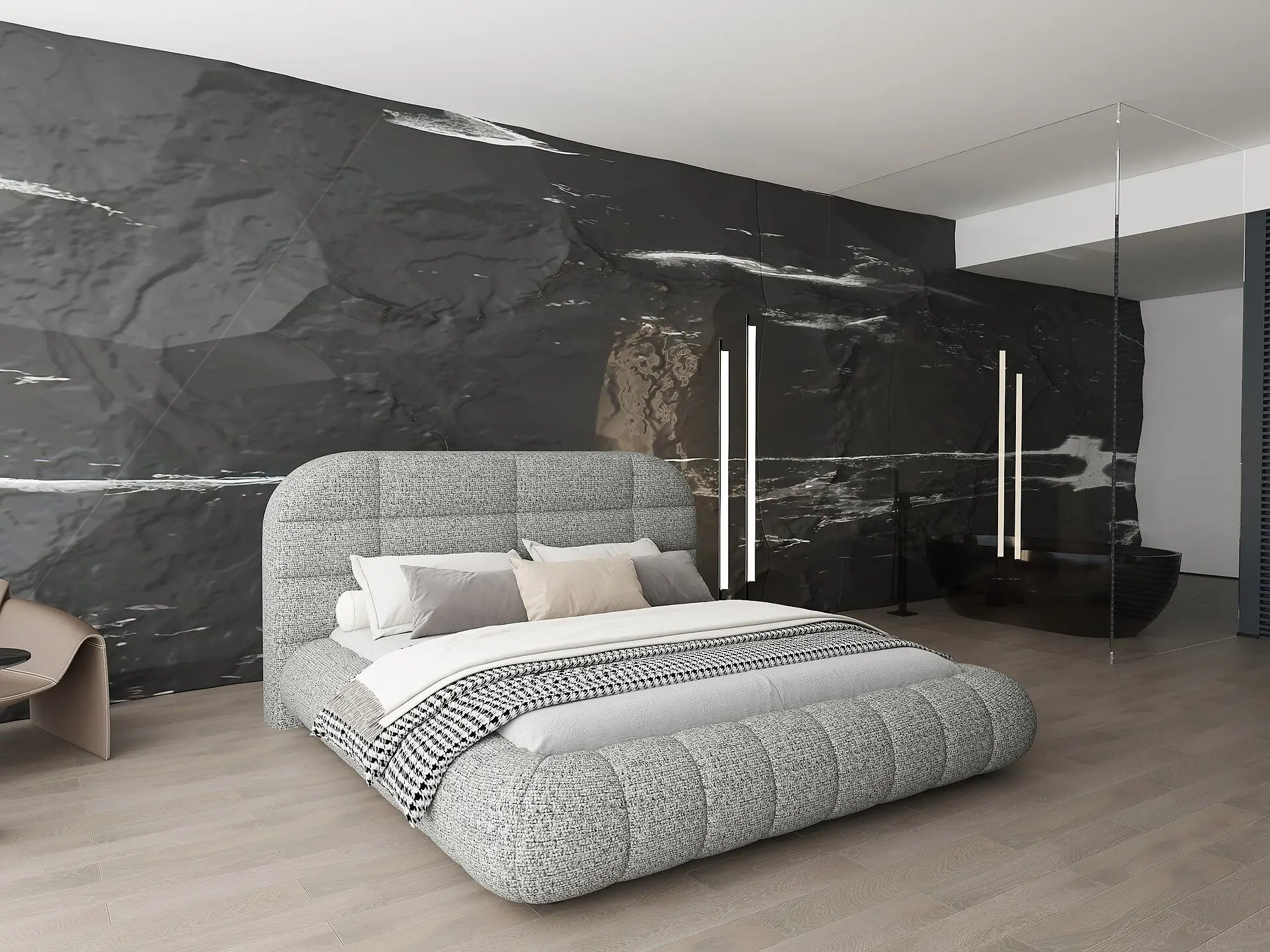 Pat dormitor dumonde, tapitat gri, Senso 180x200 cm, somiera rabatabila inclusa, spatiu depozitare WLS