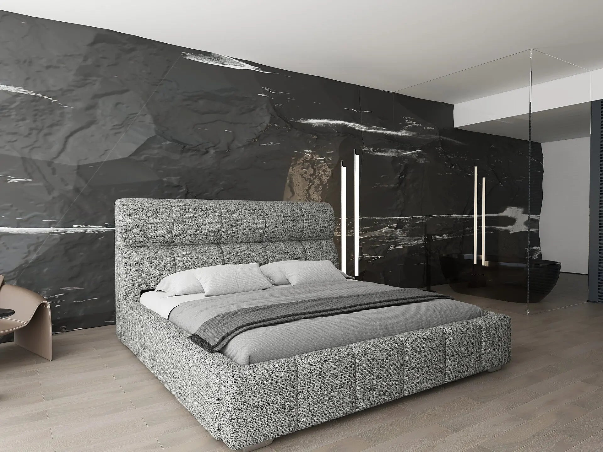 Pat dormitor dumonde, tapitat bej, Prestige 180x200 cm, somiera rabatabila inclusa, spatiu depozitare WLS