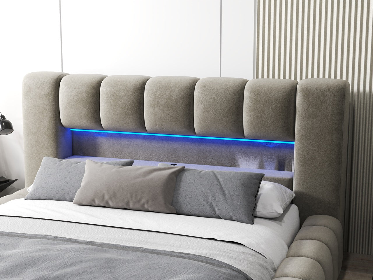 Pat dormitor dumonde, tapitat bej cu LED si USB, Palermo 160x200 cm, somiera rabatabila inclusa, spatiu depozitare WLS