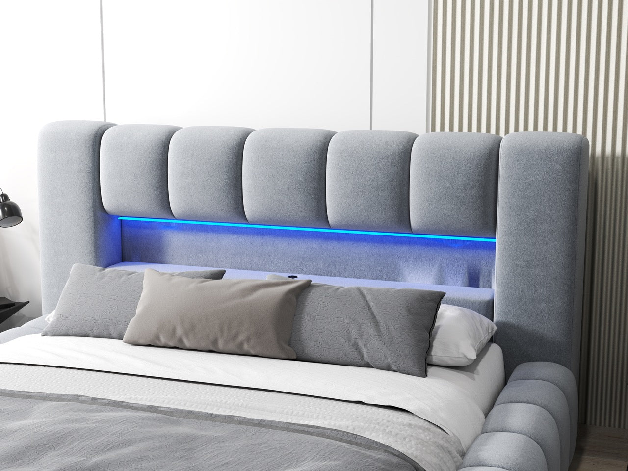 Pat dormitor dumonde, tapitat gri cu LED si USB, Palermo 160x200 cm, somiera rabatabila inclusa, spatiu depozitare WLS