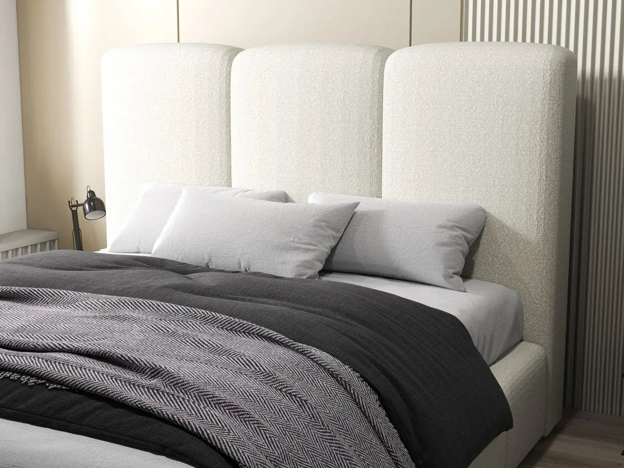 Pat dormitor dumonde, tapitat bej, Dinasty 180x200 cm, somiera rabatabila inclusa, spatiu depozitare WLS