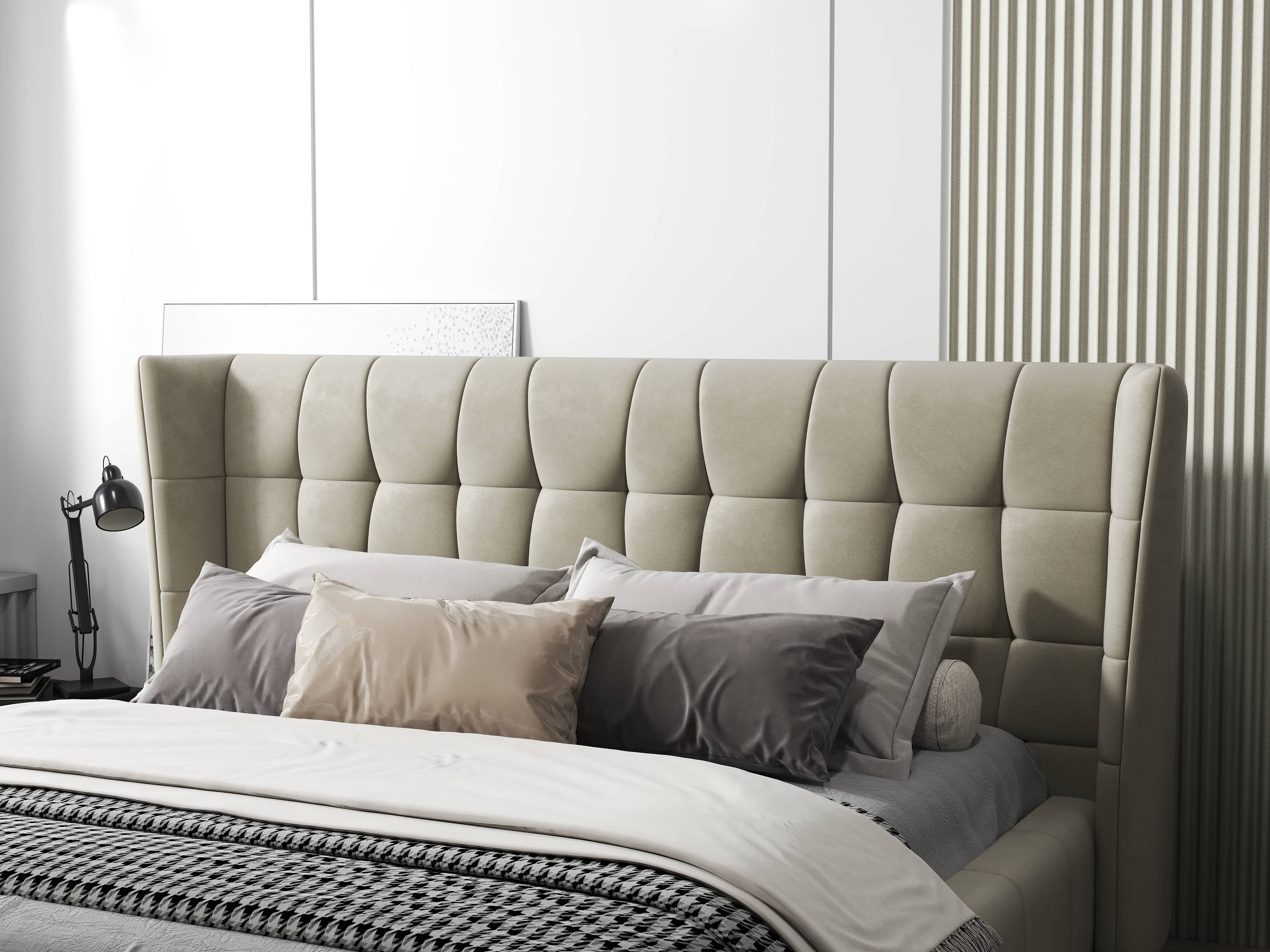 Pat dormitor dumonde, tapitat bej, Bellagio 180x200 cm, somiera fixa inclusa WLS