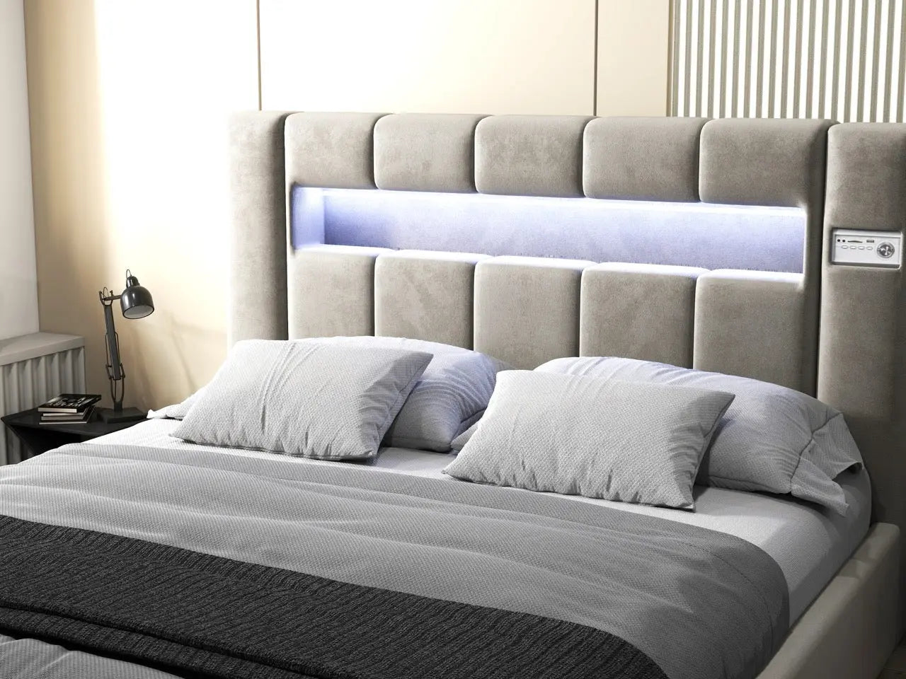 Pat dormitor dumonde, tapitat bej, Glow 180x200 cm, somiera rabatabila inclusa, spatiu depozitare WLS