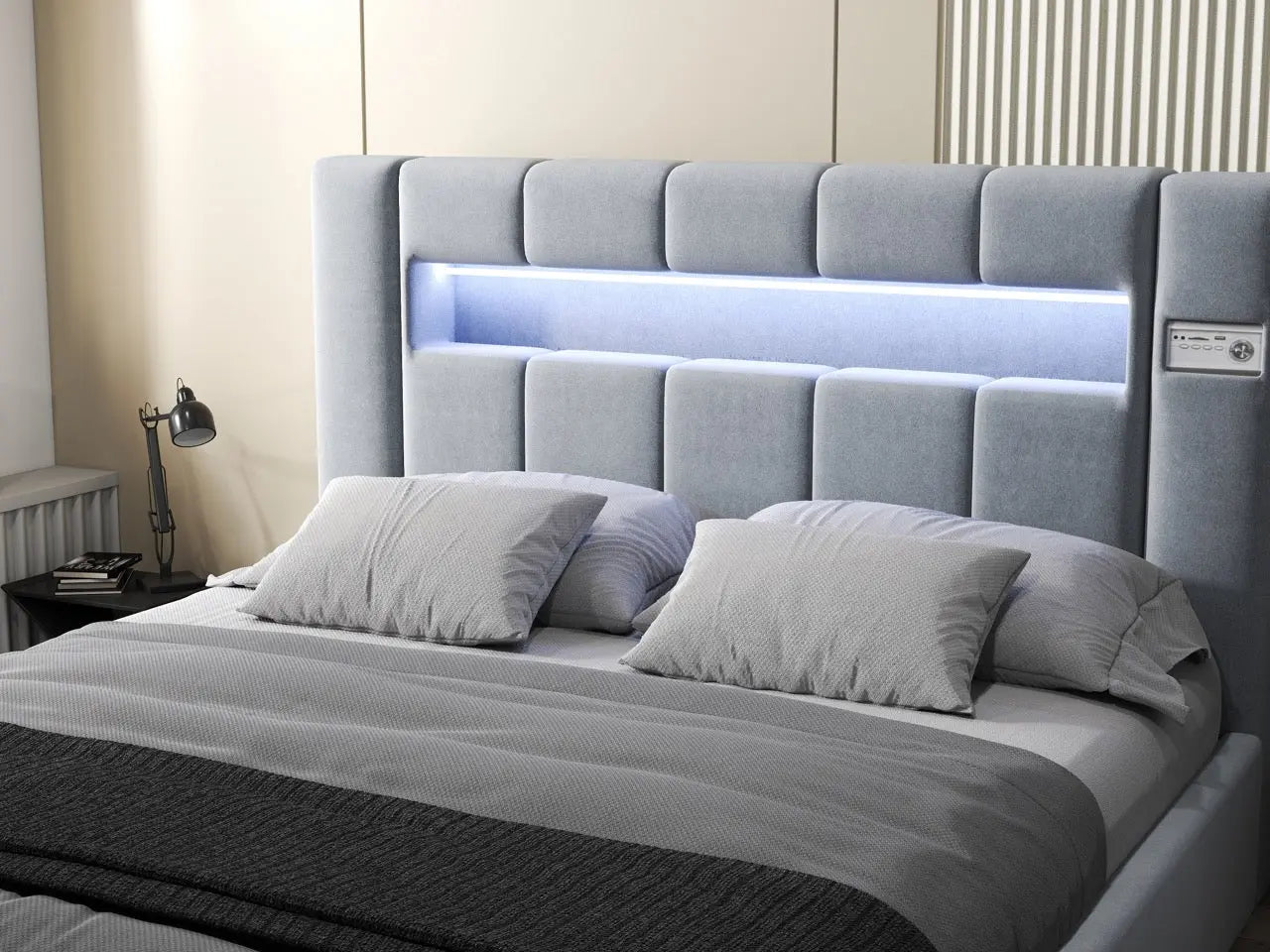 Pat dormitor dumonde, tapitat gri, Glow 180x200 cm, somiera rabatabila inclusa, spatiu depozitare WLS