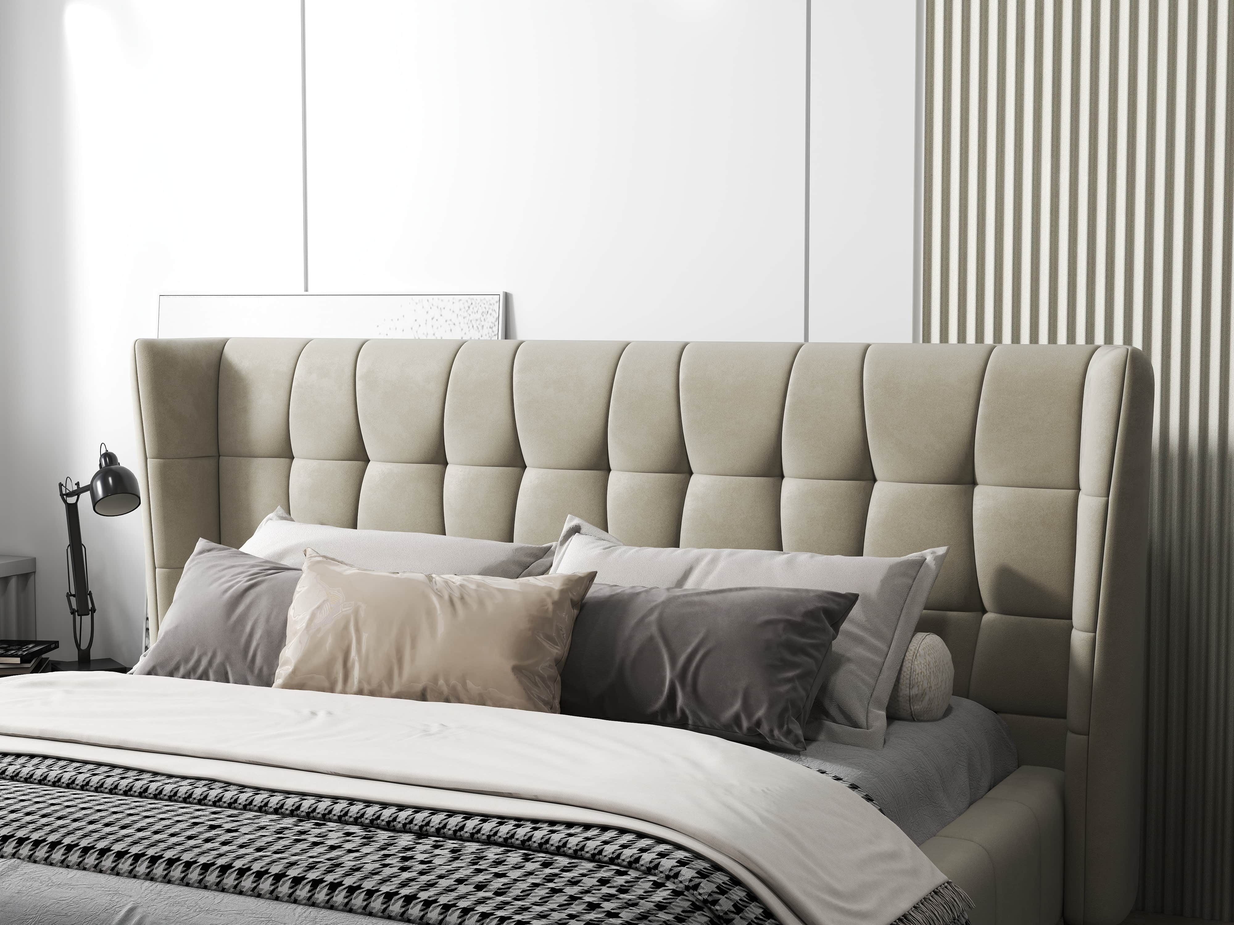 Pat dormitor dumonde, tapitat bej, Bellagio 160x200 cm, somiera fixa inclusa WLS