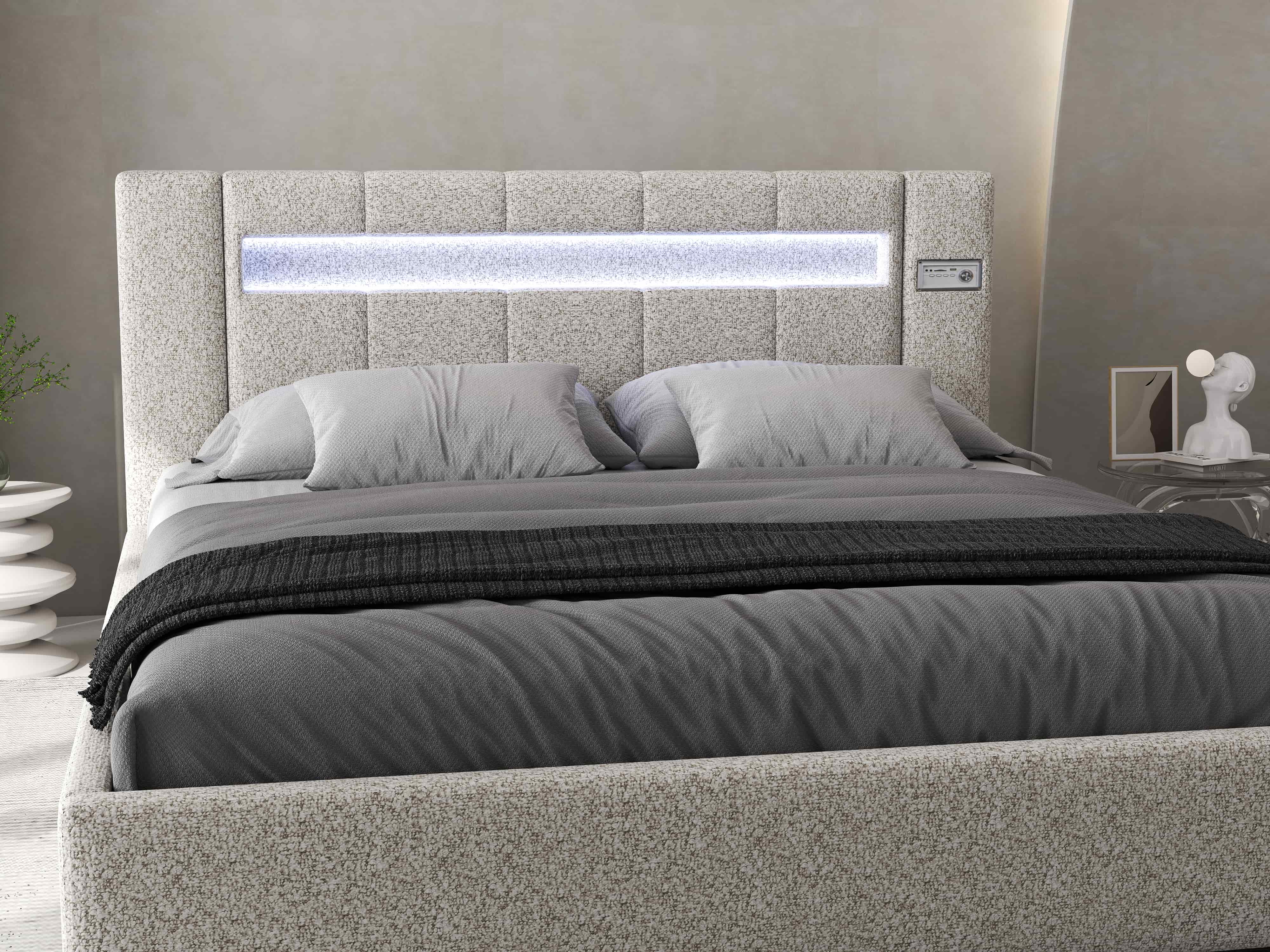 Pat dormitor dumonde, tapitat bej, Glow 160x200 cm, somiera rabatabila inclusa, spatiu depozitare WLS