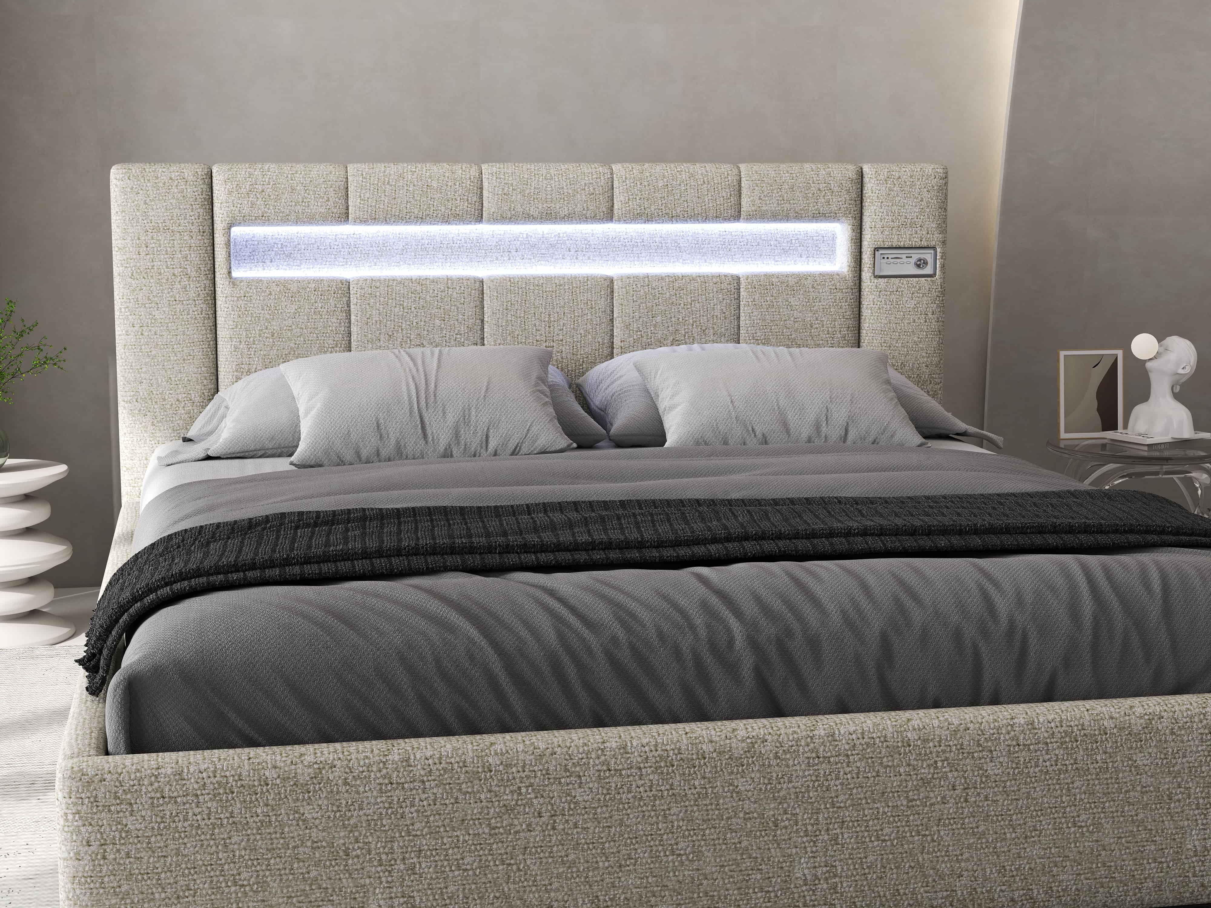 Pat dormitor dumonde, tapitat gri, Glow 180x200 cm, somiera rabatabila inclusa, spatiu depozitare WLS