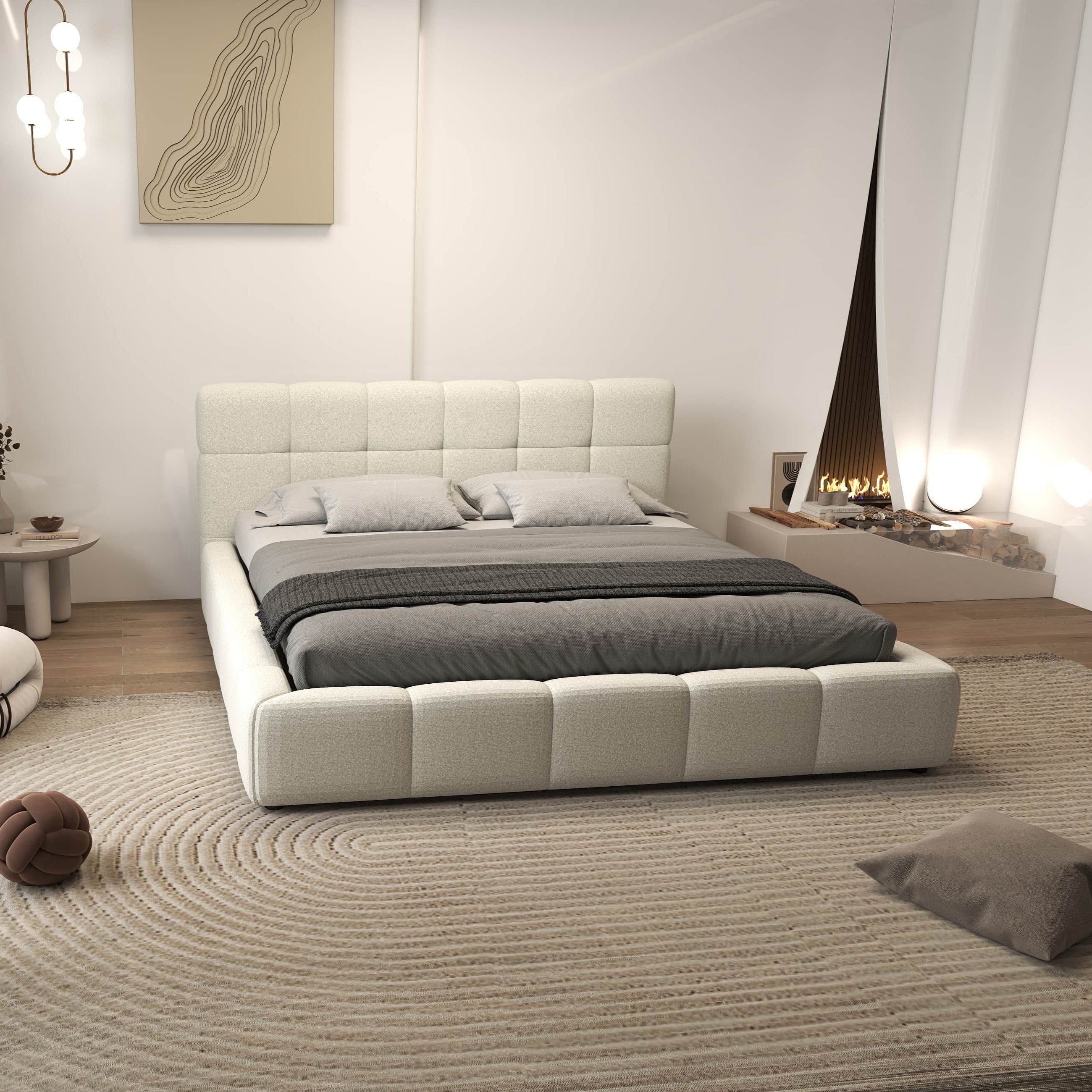 Pat dormitor dumonde, tapitat bej, Lorenzo 160x200 cm, somiera rabatabila inclusa, spatiu depozitare WLS