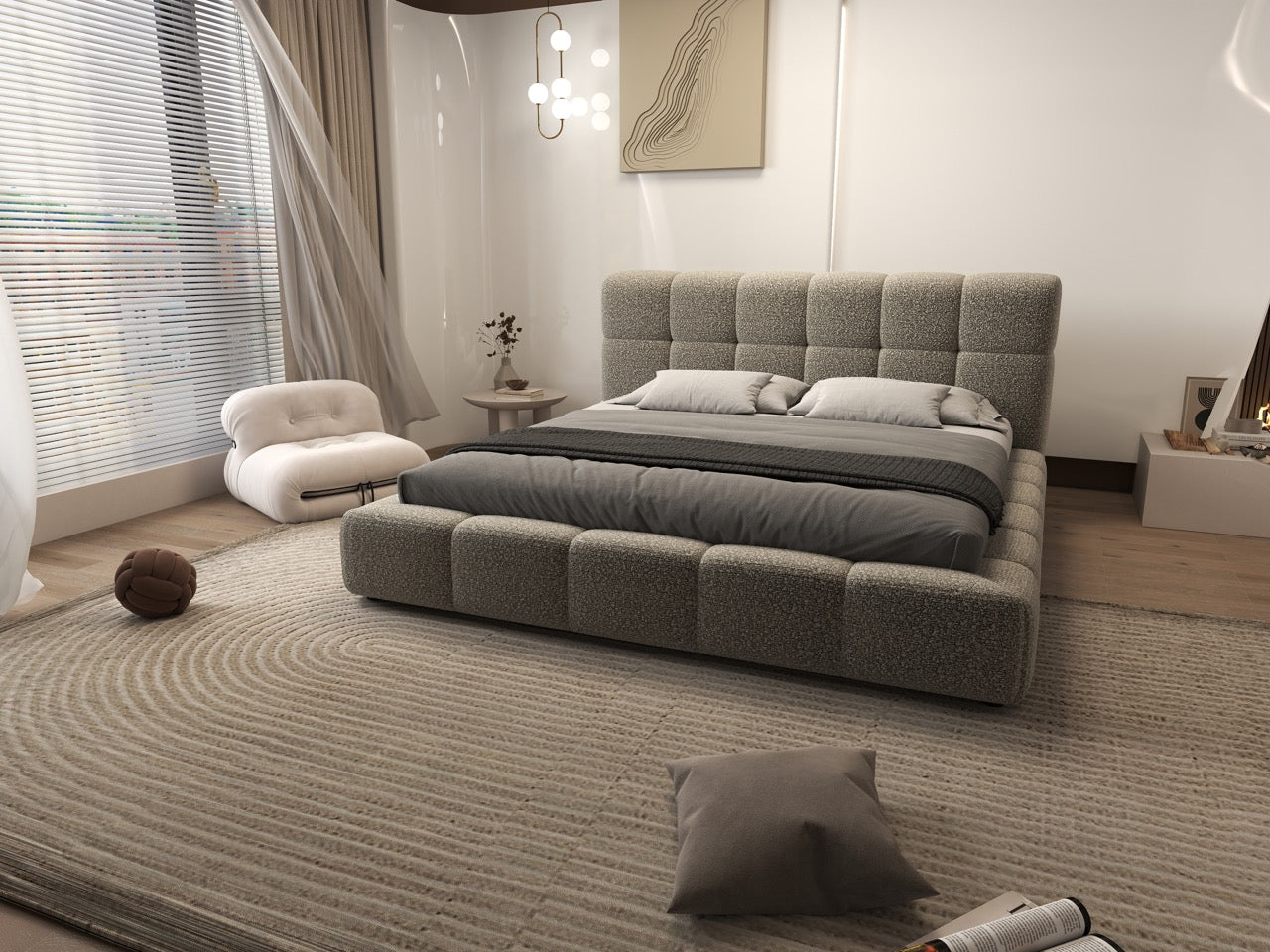 Pat dormitor dumonde, tapitat bej, Lorenzo 160x200 cm, somiera rabatabila inclusa, spatiu depozitare WLS