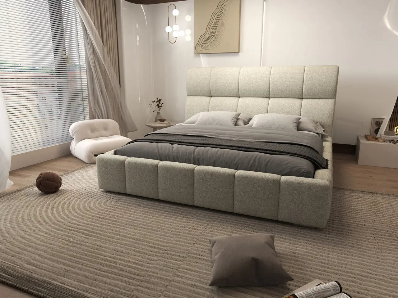 Pat dormitor dumonde, tapitat bej, Prestige 180x200 cm, somiera rabatabila inclusa, spatiu depozitare WLS