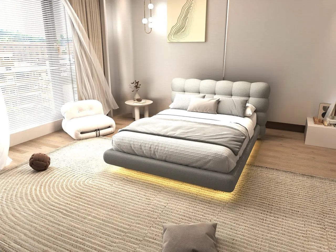 Pat dormitor dumonde, tapitat gri cu LED, "floating bed" Cloud 180x200 cm, somiera inclusa WLS