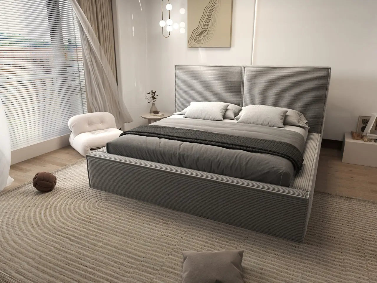 Pat dormitor dumonde, tapitat gri, Dreamer 160x200 cm, somiera rabatabila inclusa, spatiu depozitare WLS