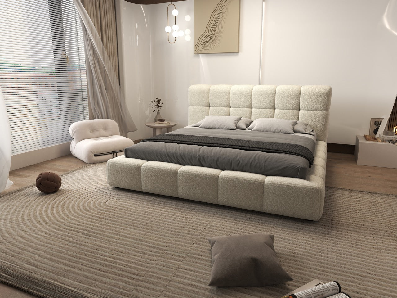 Pat dormitor dumonde, tapitat bej, Lorenzo 160x200 cm, somiera rabatabila inclusa, spatiu depozitare WLS