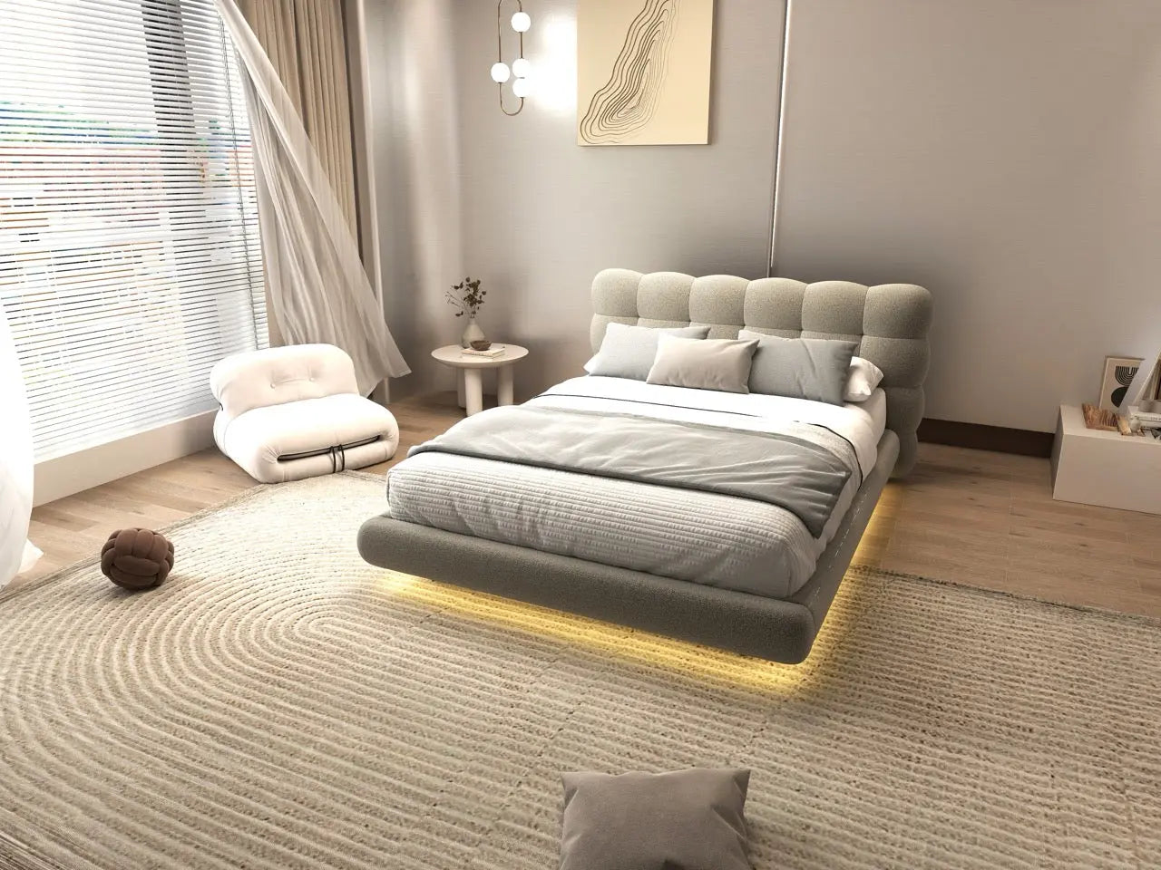 Pat dormitor dumonde, tapitat bej cu LED, "floating bed" Cloud 160x200 cm, somiera inclusa WLS