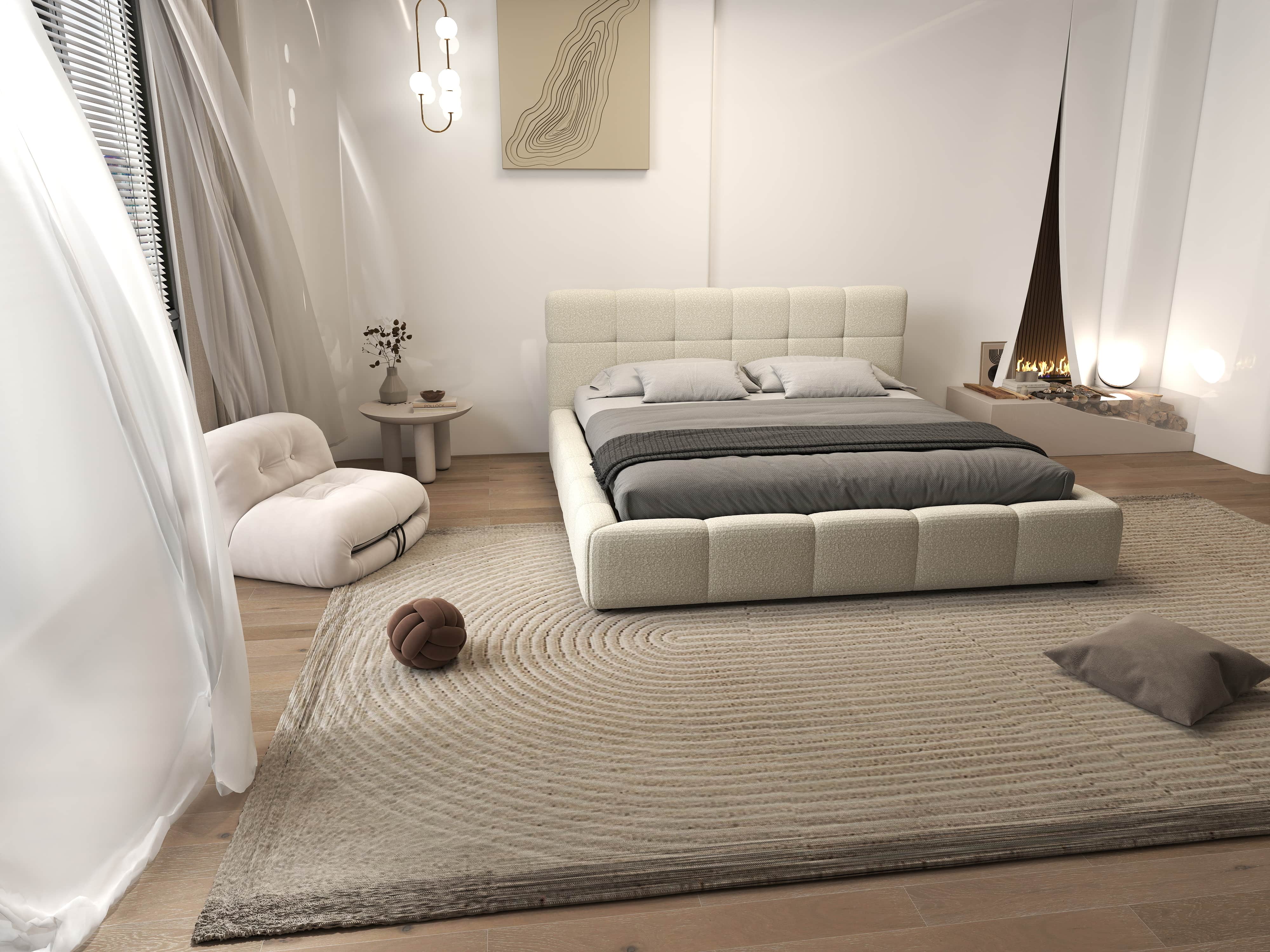 Pat dormitor dumonde, tapitat bej, Lorenzo 140x200 cm, somiera rabatabila inclusa, spatiu depozitare WLS