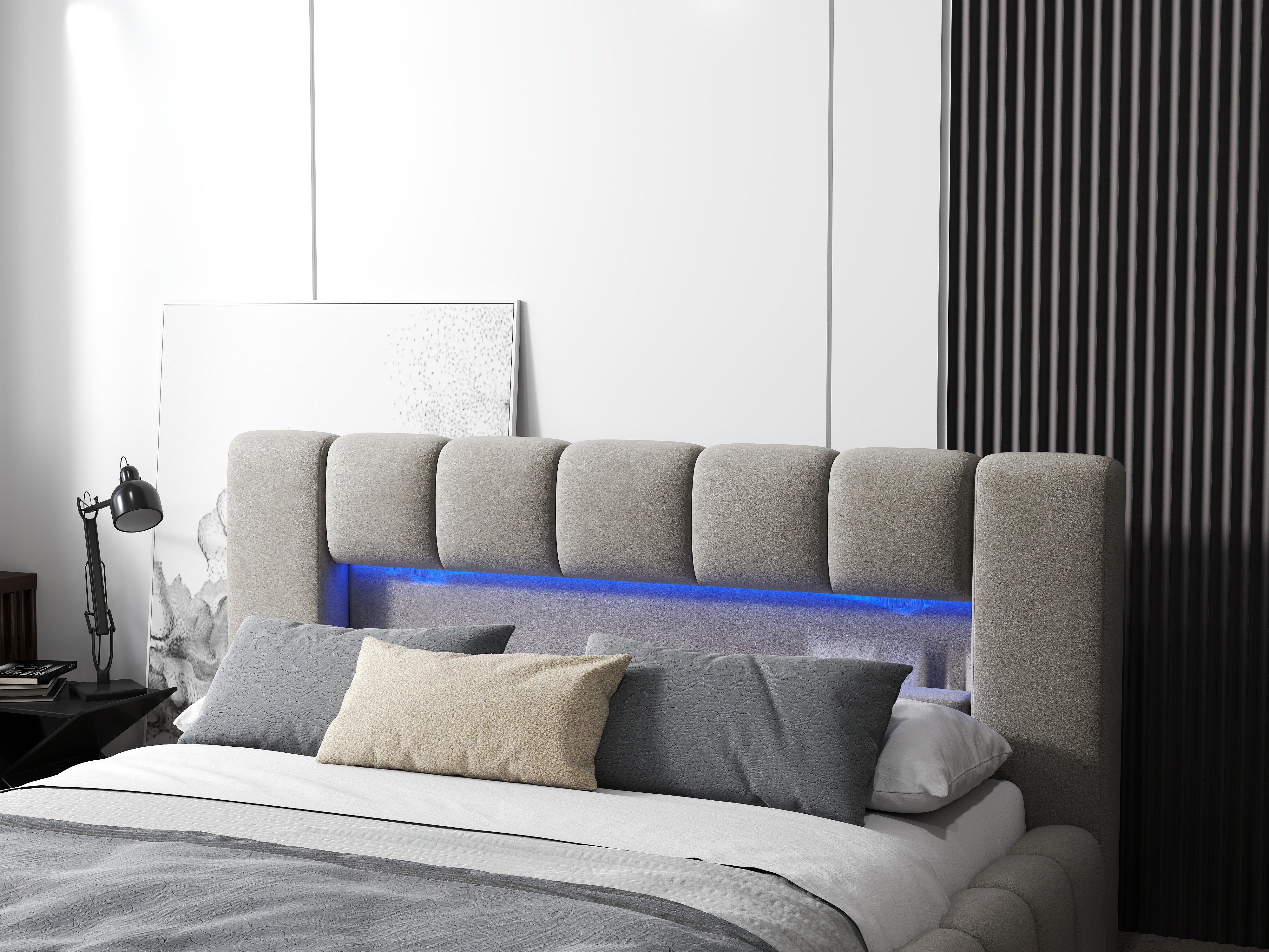 Pat dormitor dumonde, tapitat bej cu LED si USB, Palermo 160x200 cm, somiera rabatabila inclusa, spatiu depozitare WLS