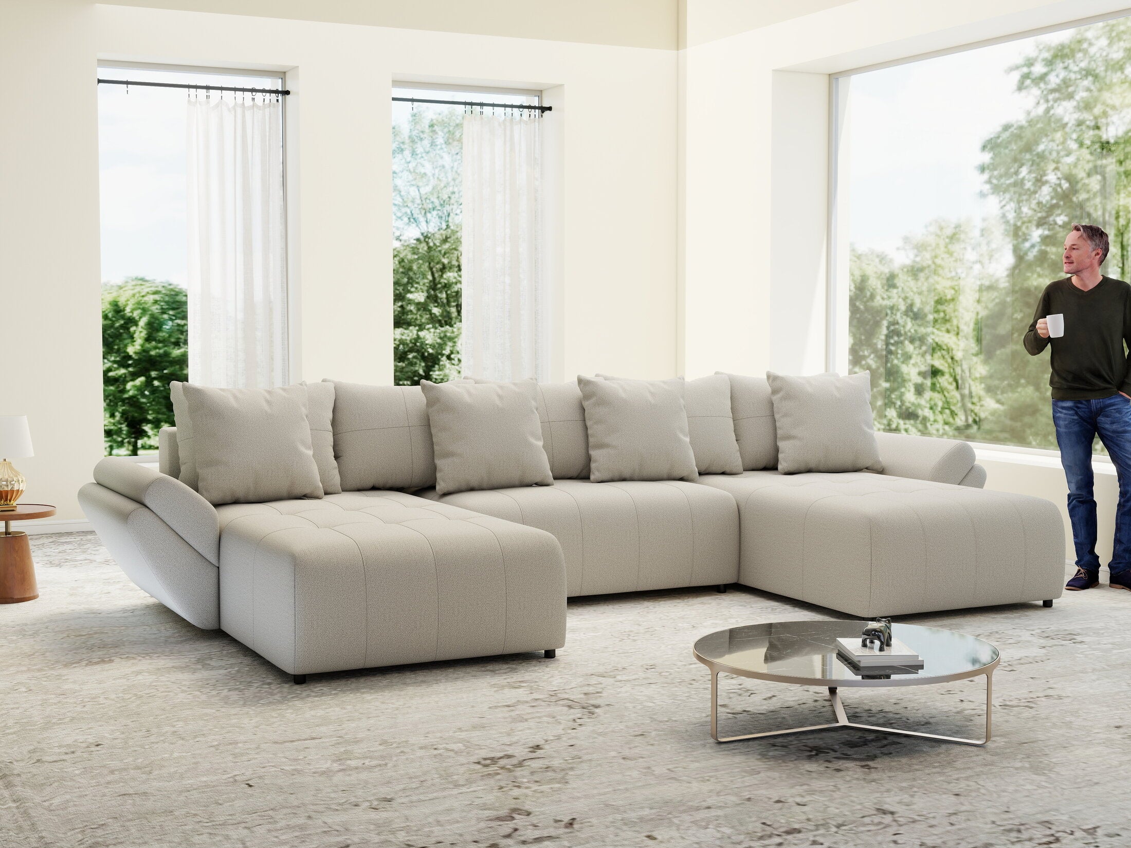 Colțar extensibil dumonde cu ladă de depozitare si sezut confortabil din spuma HR, Berlin U Enjoy Bej 380x180 cm