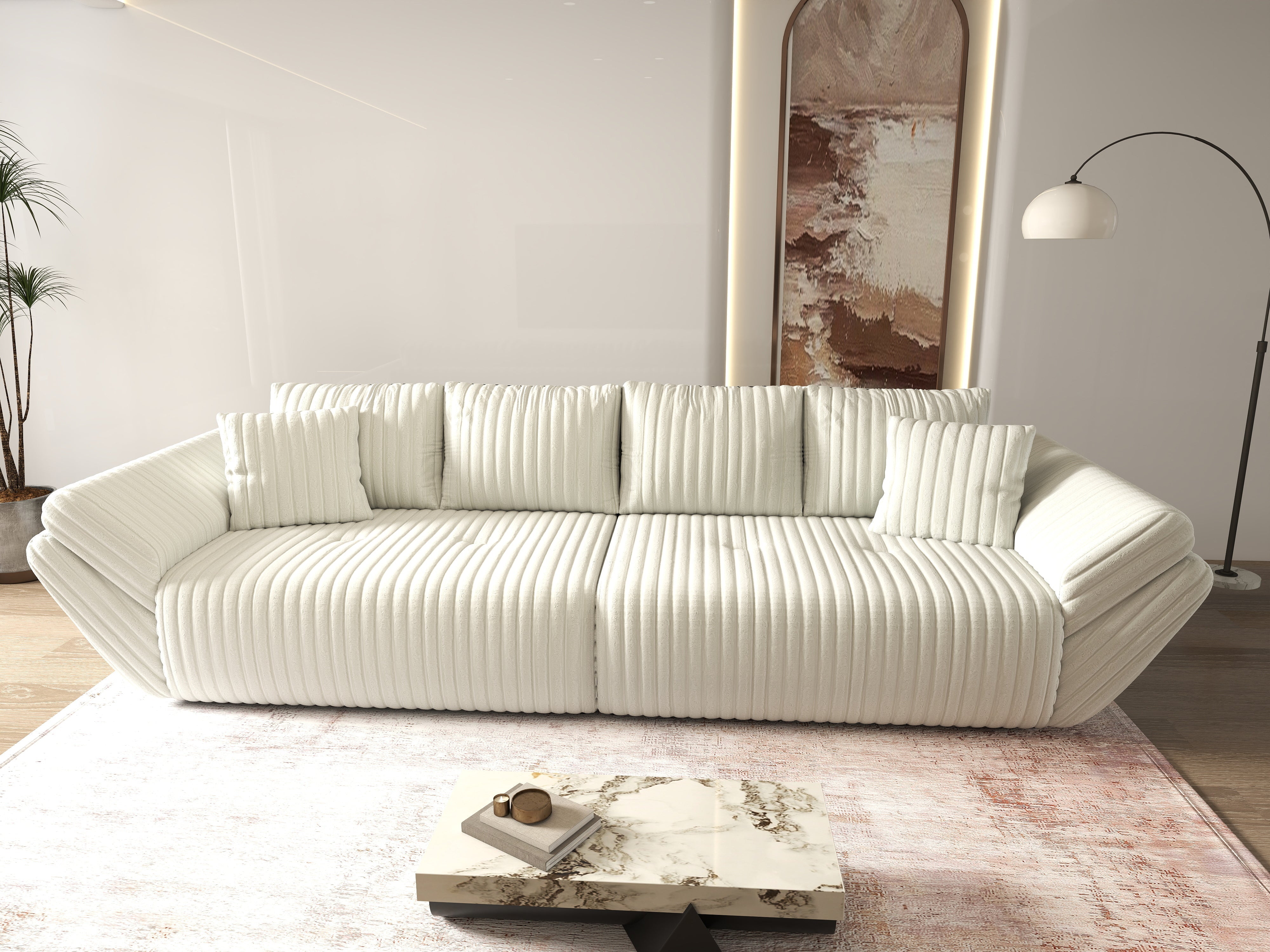 Canapea extensibilă dumonde cu ladă de depozitare si sezut confortabil din spuma HR, Berlin Ambience White 300x100 cm Fabrica