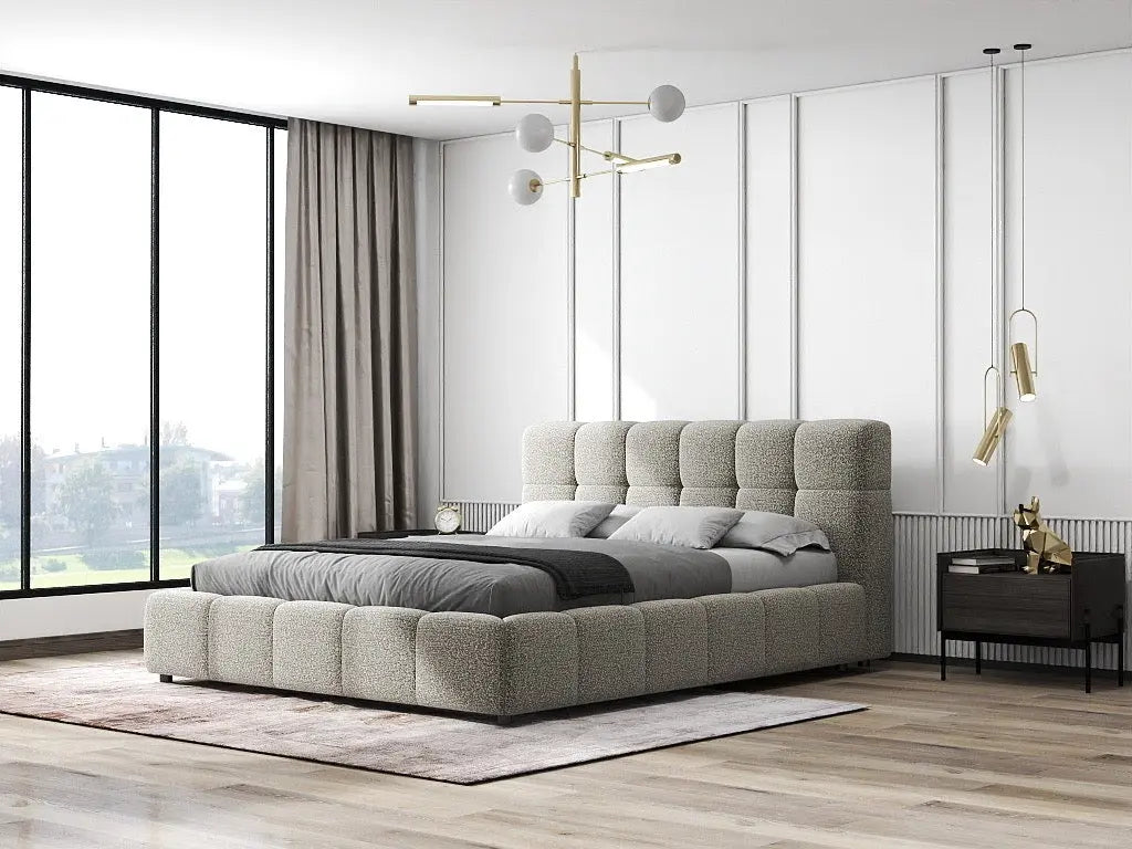 Pat dormitor dumonde, tapitat gri, Lorenzo 140x200 cm, somiera rabatabila inclusa, spatiu depozitare WLS