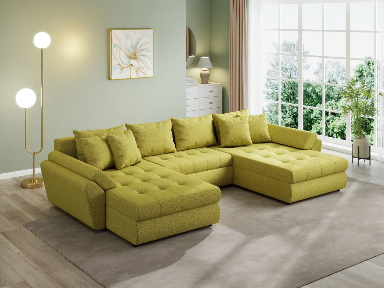 Colțar extensibil dumonde cu ladă de depozitare si sezut confortabil din spuma HR, Loana U Enjoy Green 355x185 cm Fabrica