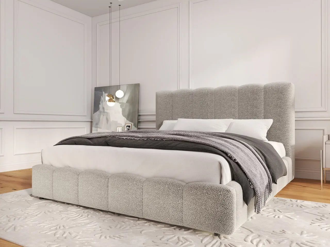 Pat dormitor dumonde, tapitat gri, Milano 140x200 cm, somiera rabatabila inclusa, spatiu depozitare WLS