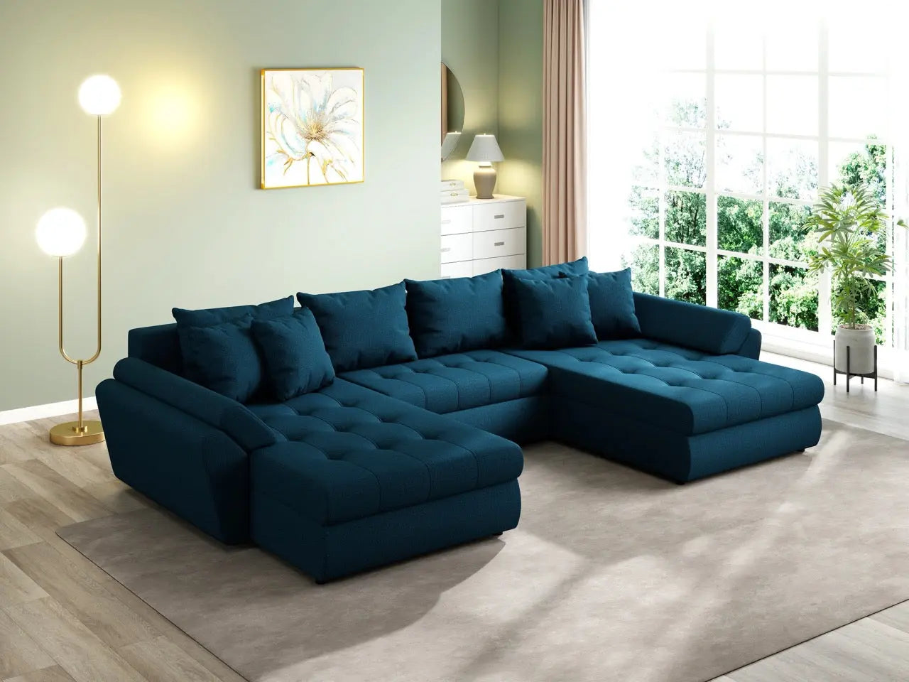 Colțar extensibil dumonde cu ladă de depozitare si sezut confortabil din spuma HR, Loana U Enjoy Petrol 355x185 cm Fabrica