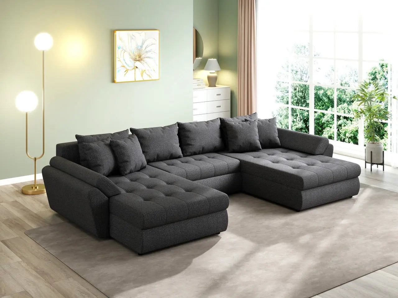 Colțar extensibil dumonde cu ladă de depozitare si sezut confortabil din spuma HR, Loana U Enjoy Grafit 355x185 cm Fabrica