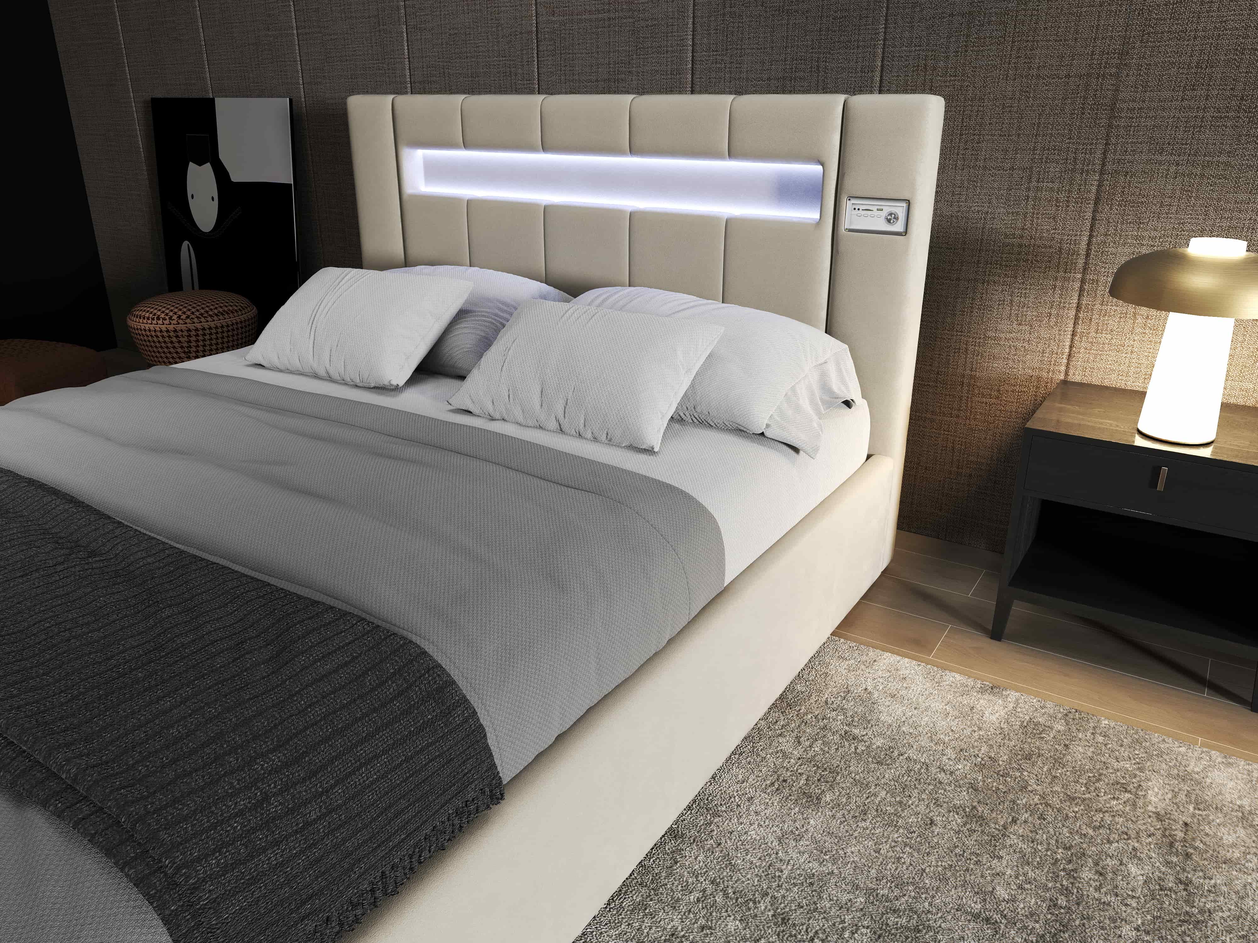 Pat dormitor dumonde, tapitat bej, Glow 180x200 cm, somiera rabatabila inclusa, spatiu depozitare WLS