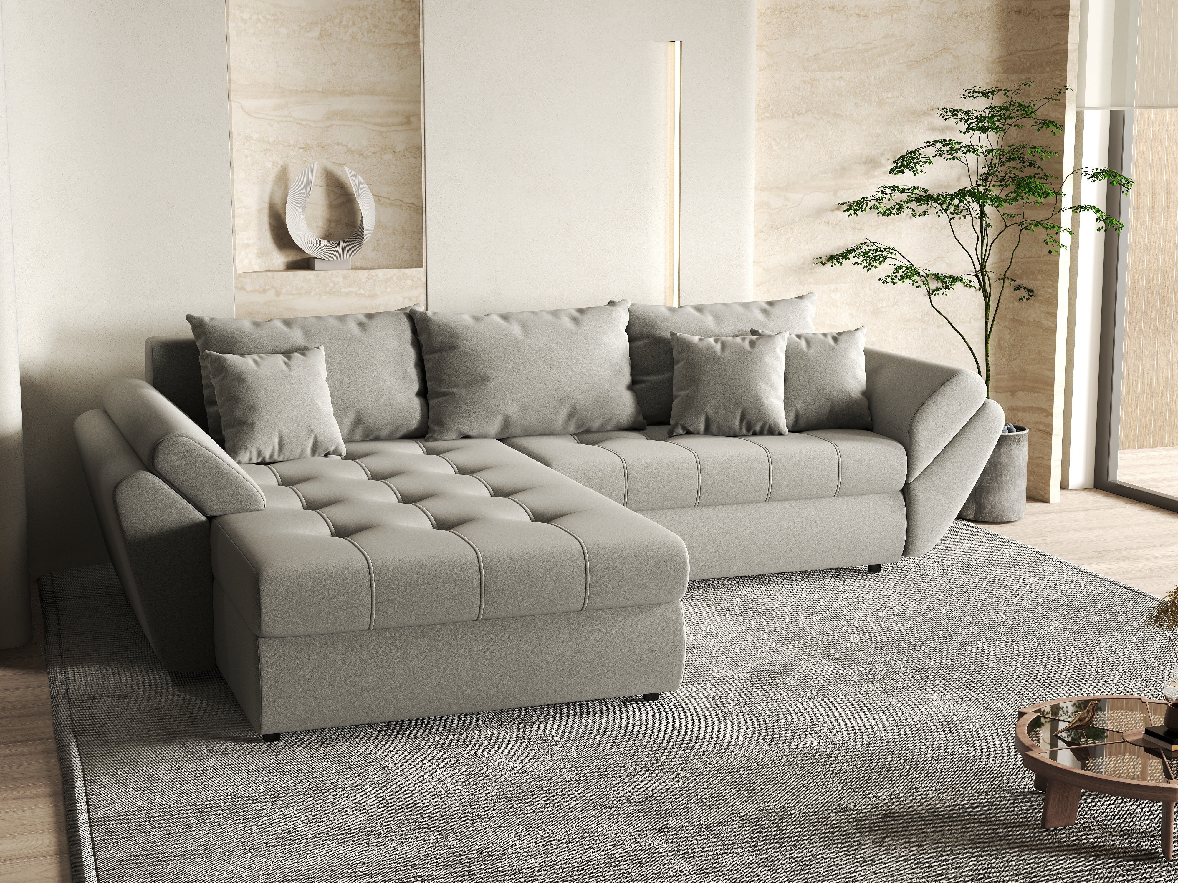 Colțar extensibil dumonde cu ladă de depozitare si sezut confortabil din spuma HR, Loana Royal Grey 270x185 cm Fabrica