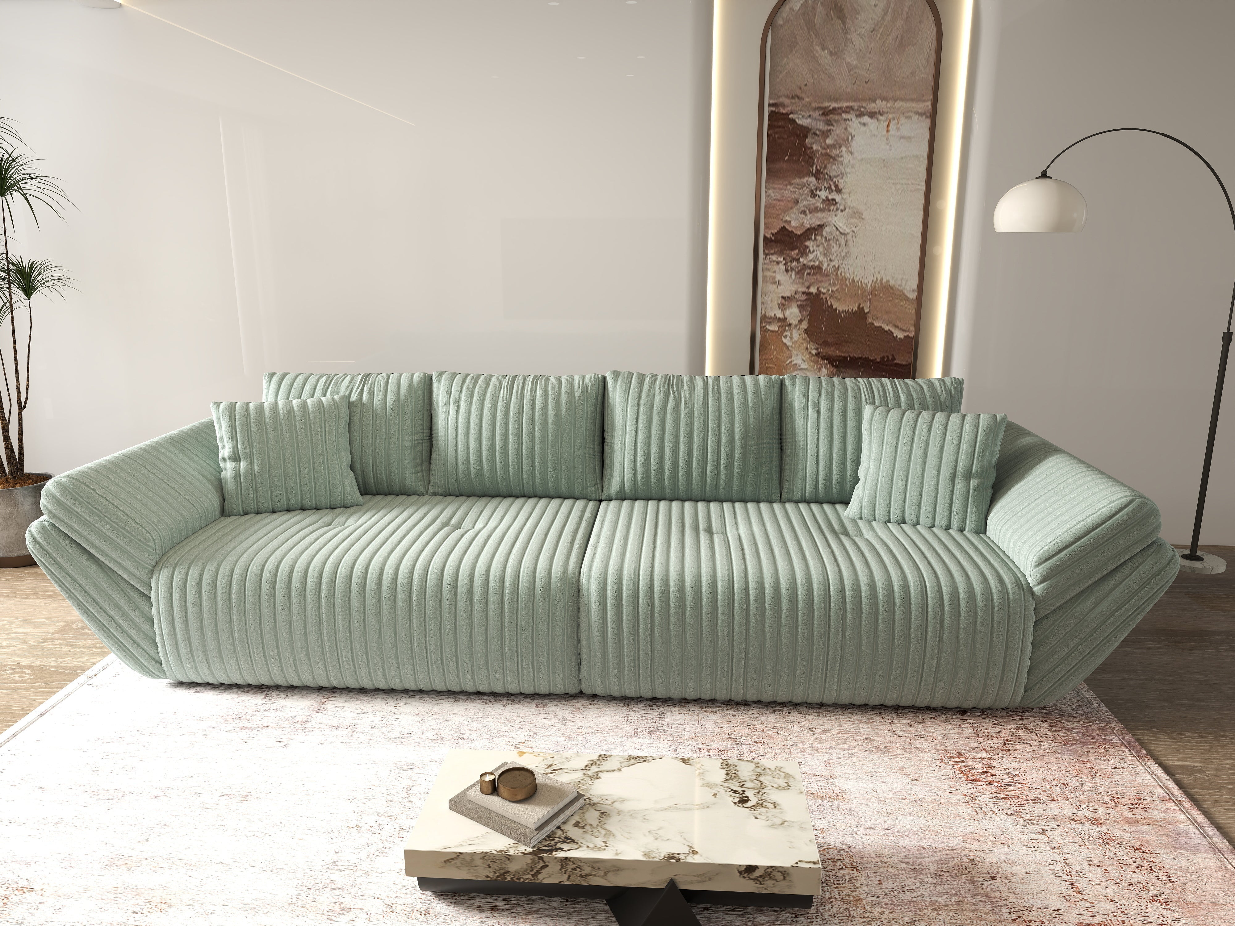 Canapea extensibilă dumonde cu ladă de depozitare si sezut confortabil din spuma HR, Berlin Ambience Mint 300x100 cm Fabrica