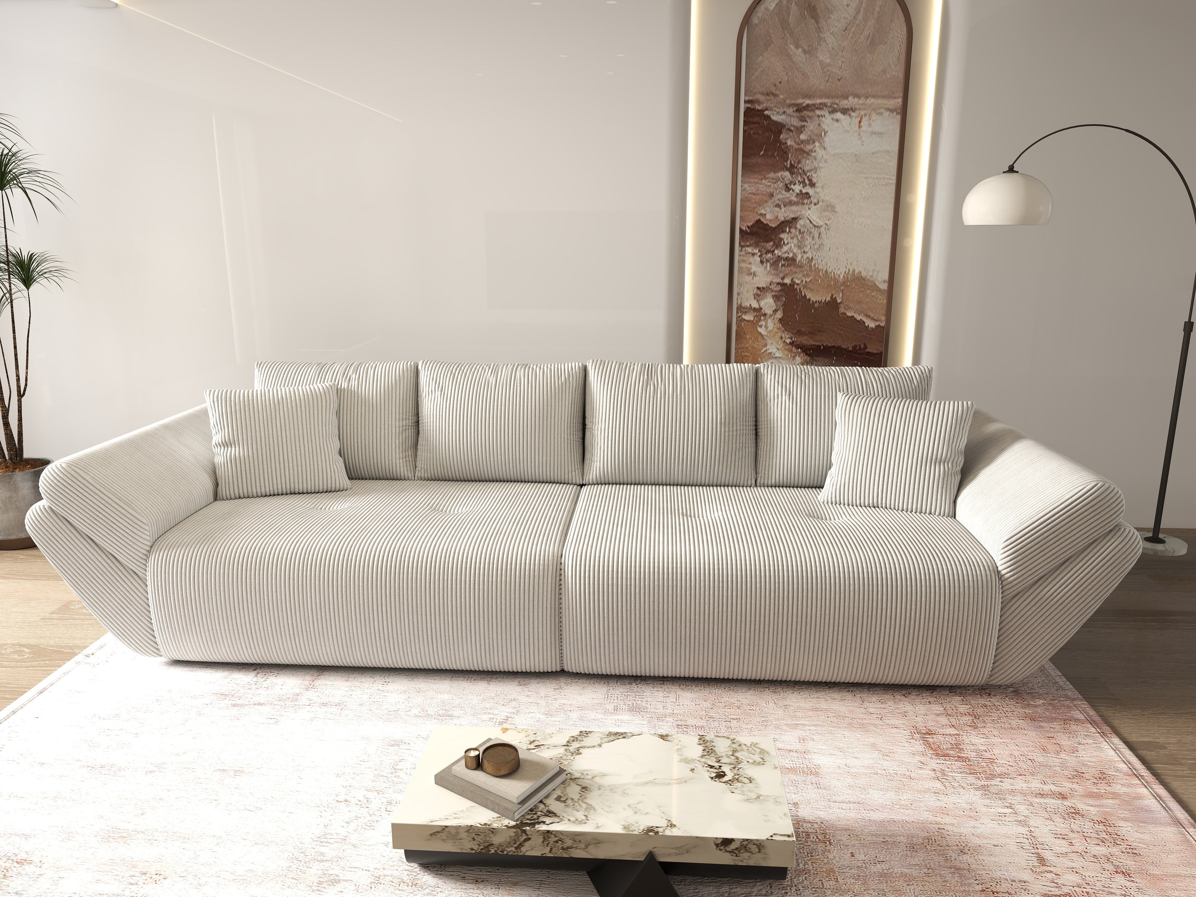 Canapea extensibilă dumonde cu ladă de depozitare si sezut confortabil din spuma HR, Berlin Zoom Cream 300x100 cm Fabrica