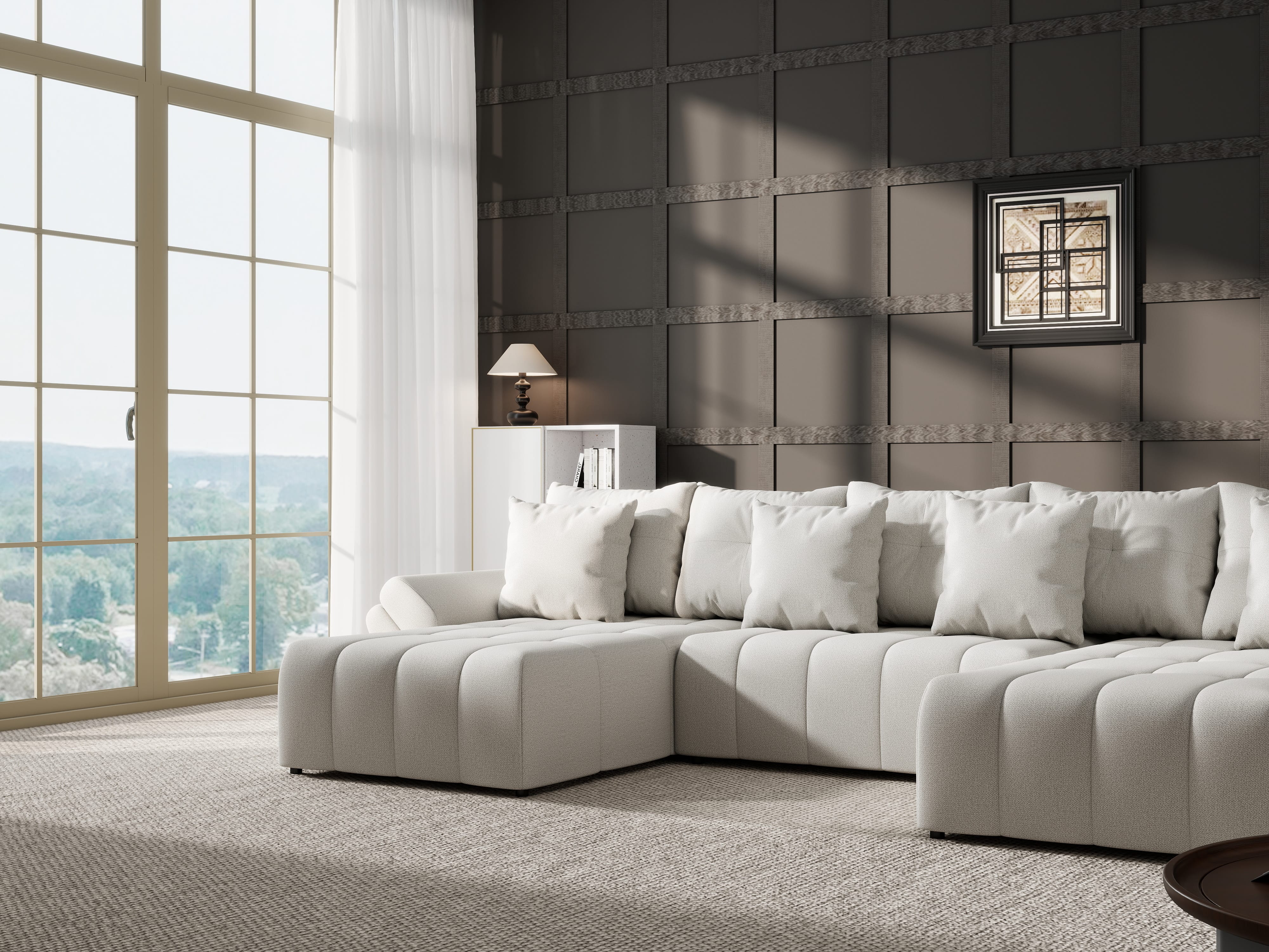 Colțar extensibil dumonde cu ladă de depozitare si sezut confortabil din spuma HR, Berlin U Enjoy Bej 380x180 cm Fabrica