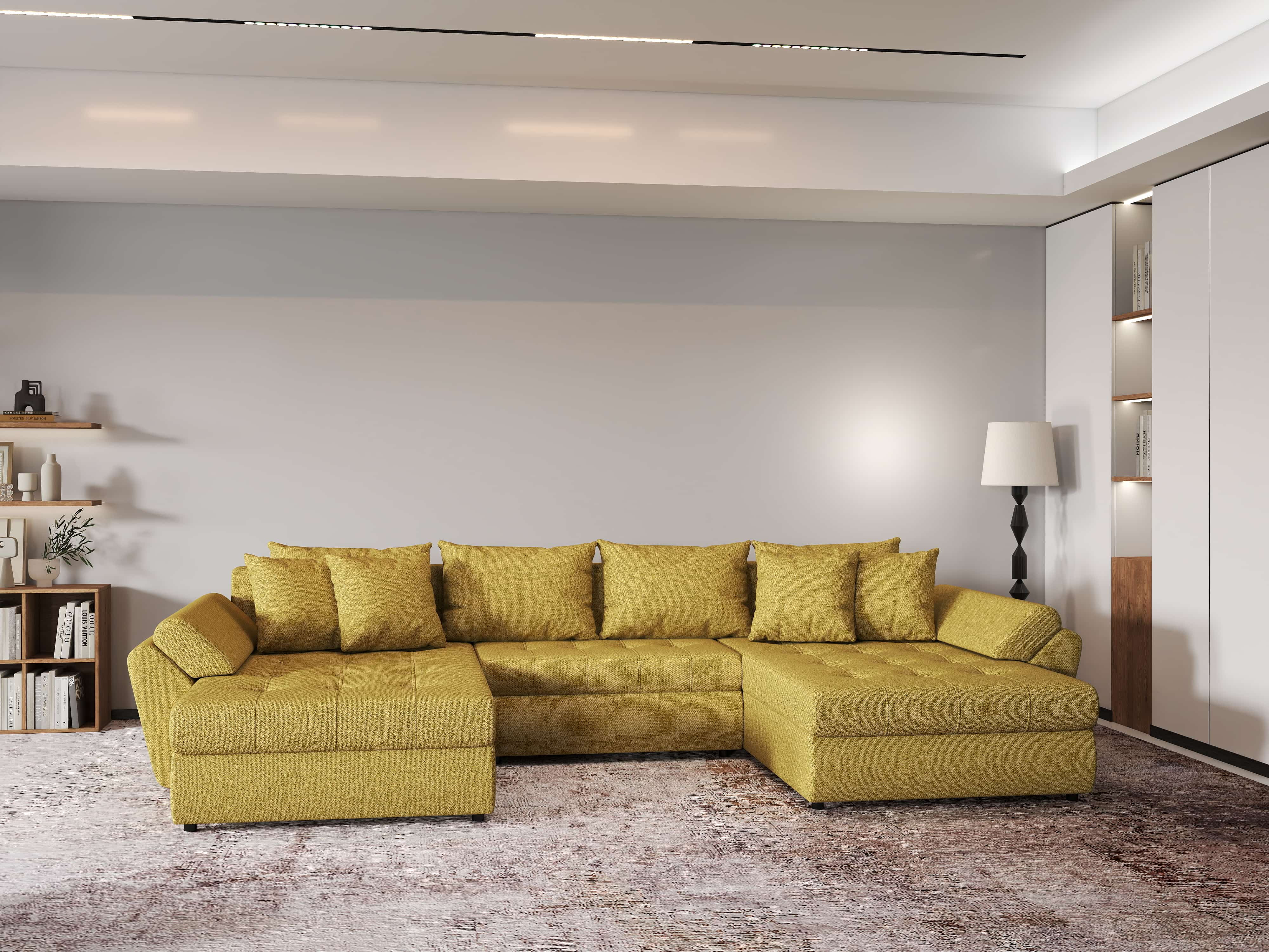 Colțar extensibil dumonde cu ladă de depozitare si sezut confortabil din spuma HR, Loana U Enjoy Melon 355x185 cm Fabrica